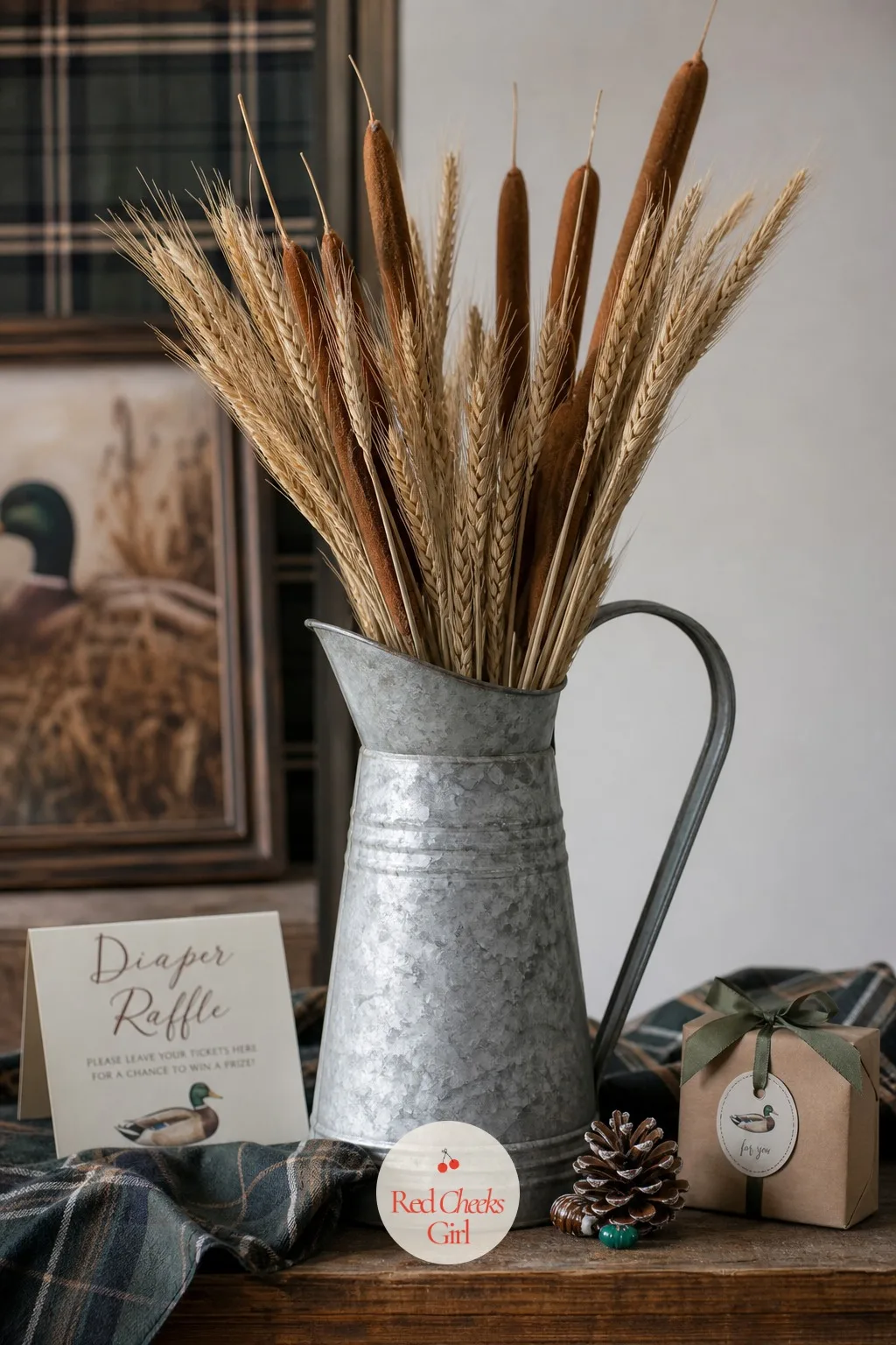 Cattail and Wheat Stems in a Galvanized Jug — Fresh flowers wilt by the second hour of any party, and nobody wants to be refilling vases mid-shower. Mallard