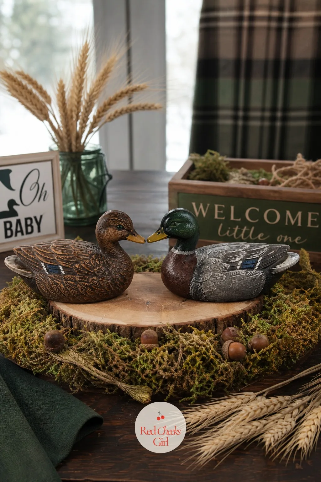 Decoy Duck Pair Centerpiece — A vase of flowers on every table looks fine and says nothing. Mallard duck baby shower ideas