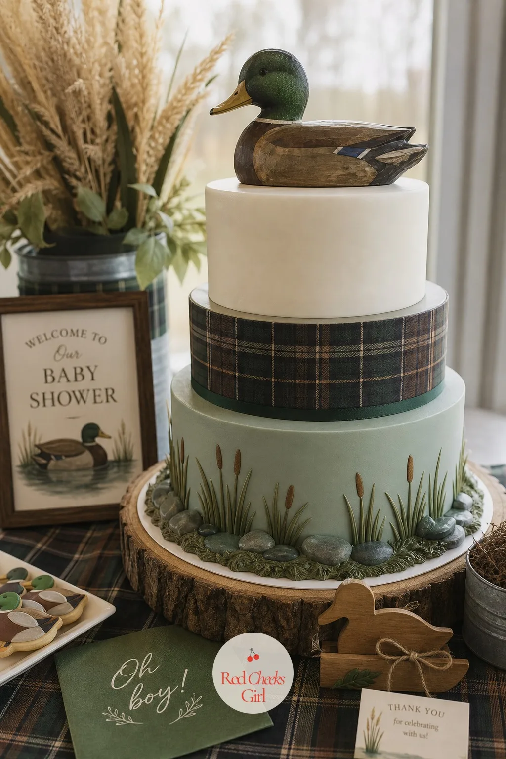 Duck Pond Cake with a Carved Wood Duck Topper — She wants one cake, not a six-tier production, that still makes people reach for their phones. Mallard duck