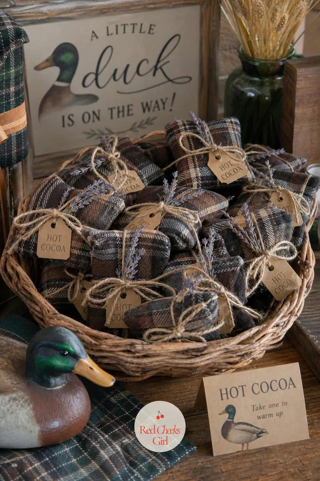Flannel-Wrapped Hot Cocoa Packets — Not every guest wants to carry a boot home, and a second, smaller favor gives the quieter exits something to grab without