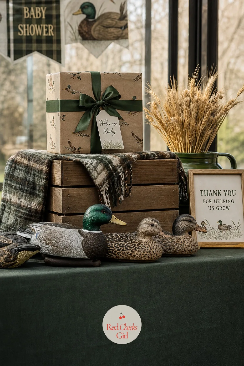 Gift Table with a Decoy Duck Flock and Wood Crate Riser — The gift table gets about thirty seconds of attention from anyone passing it, so it only needs height