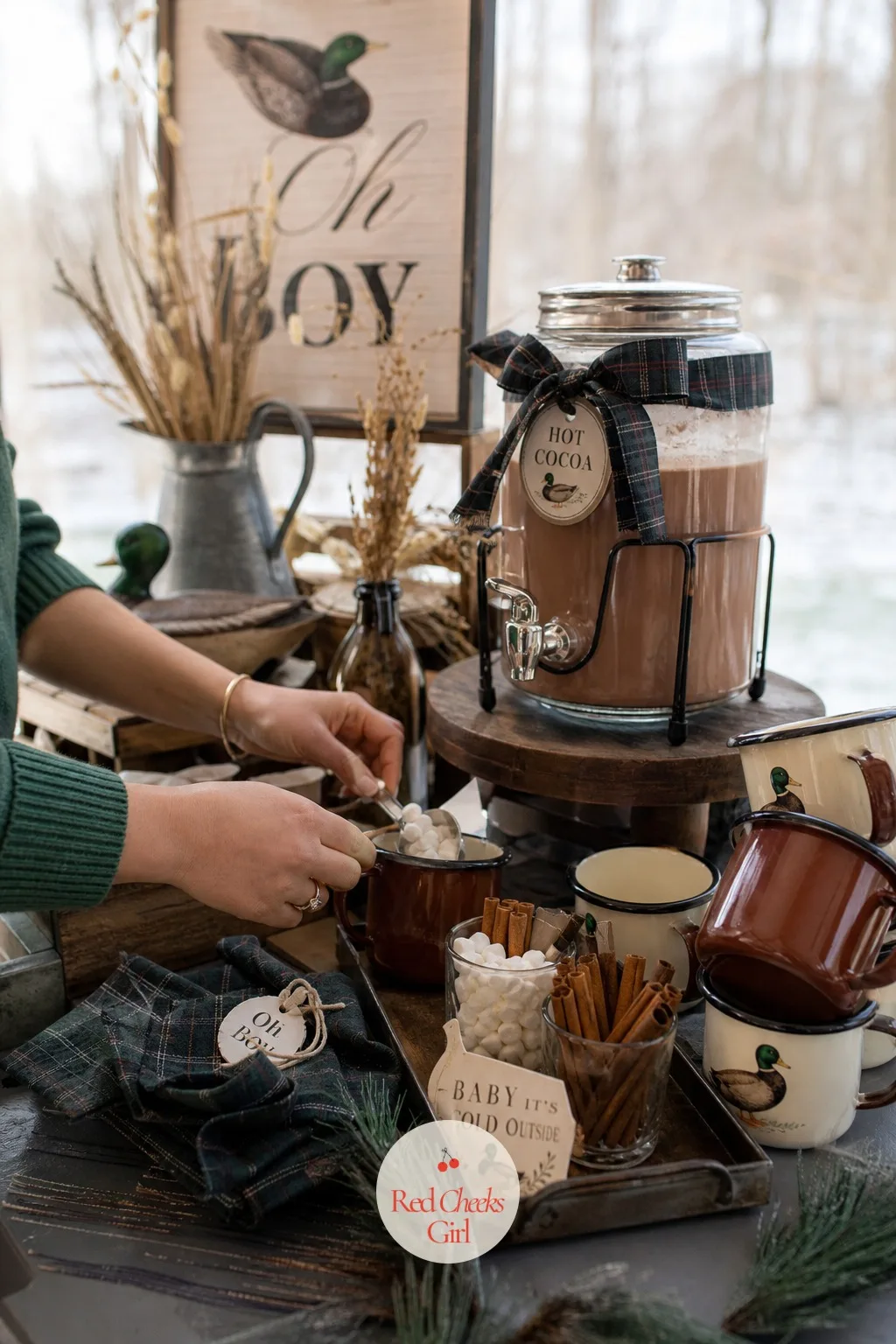 Hot Cocoa Bar in Enamel Mugs — Not everyone at the party wants cider, and a second warm drink gives the kids and the non-drinkers somewhere to go. Mallard duck