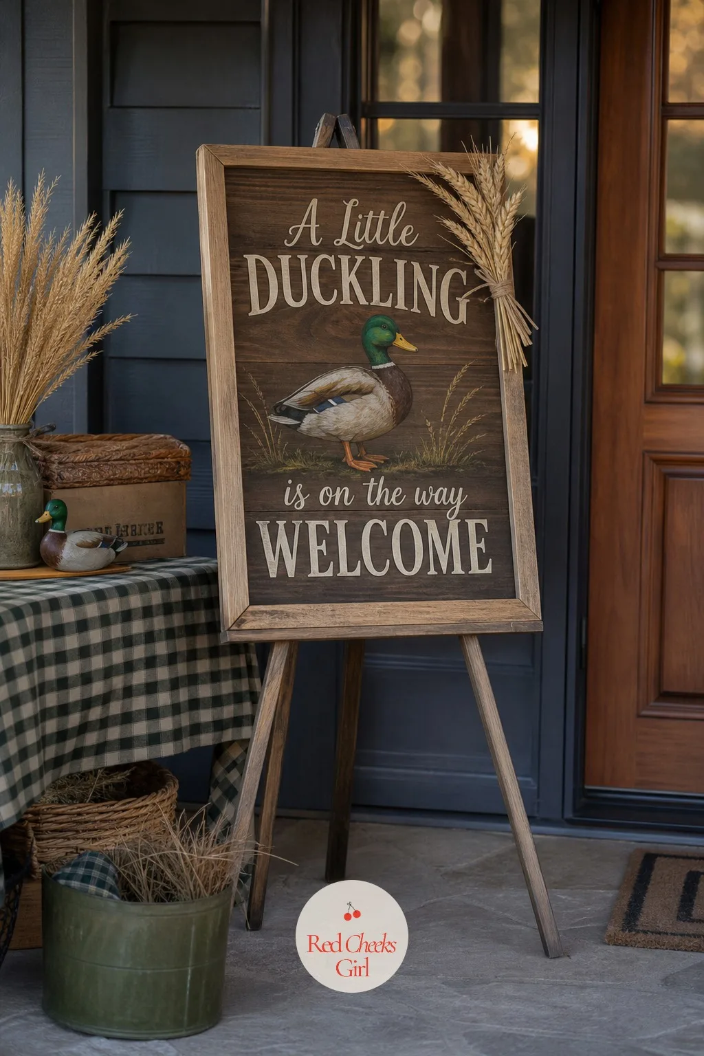 A Little Duckling Is on the Way Welcome Sign — Guests decide how the party feels before they even reach the door, and a welcome sign on an easel does that