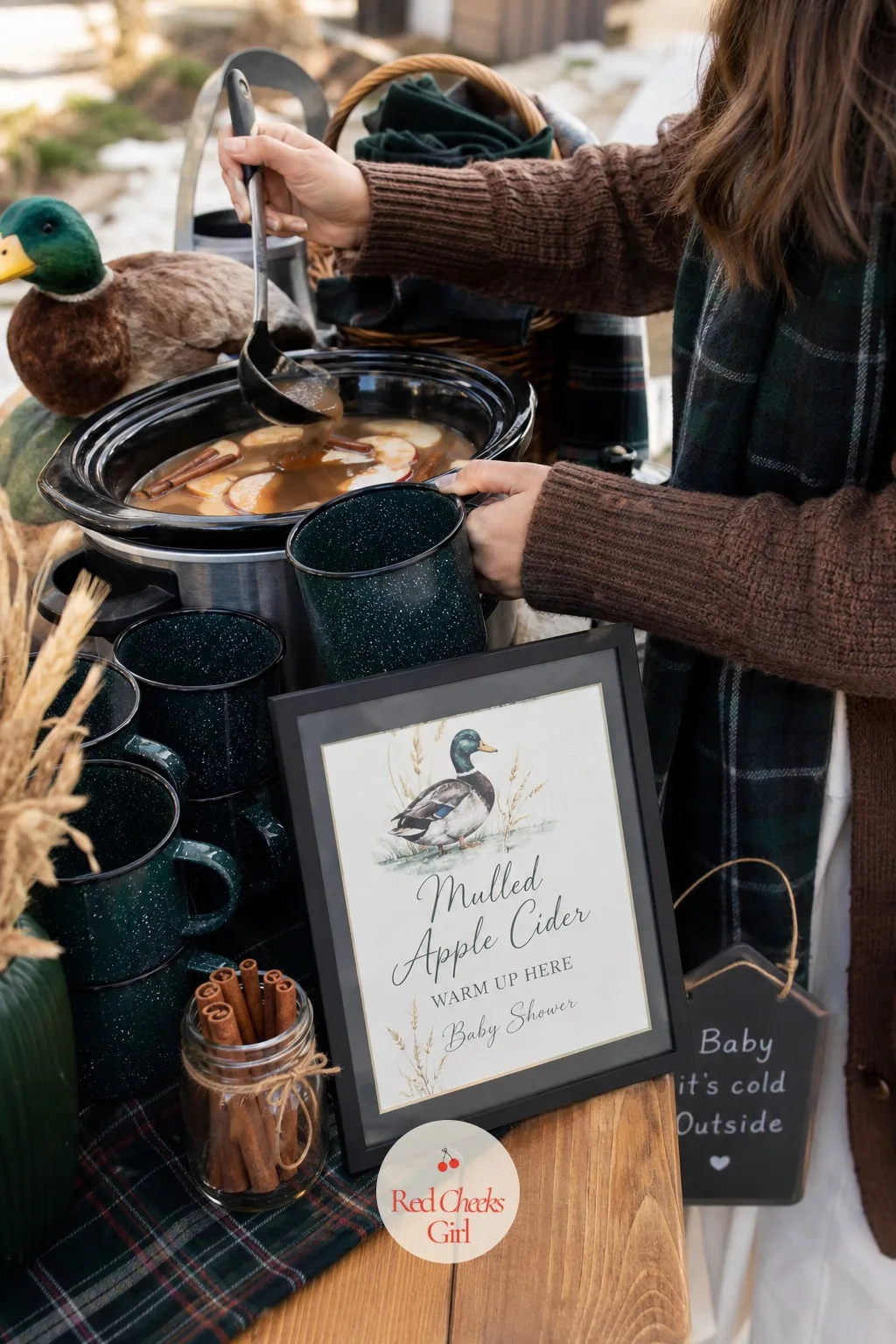 Mulled Apple Cider Station — A pitcher of lemonade feels wrong the moment the air turns cold, and a shower in duck season deserves a drink that matches the