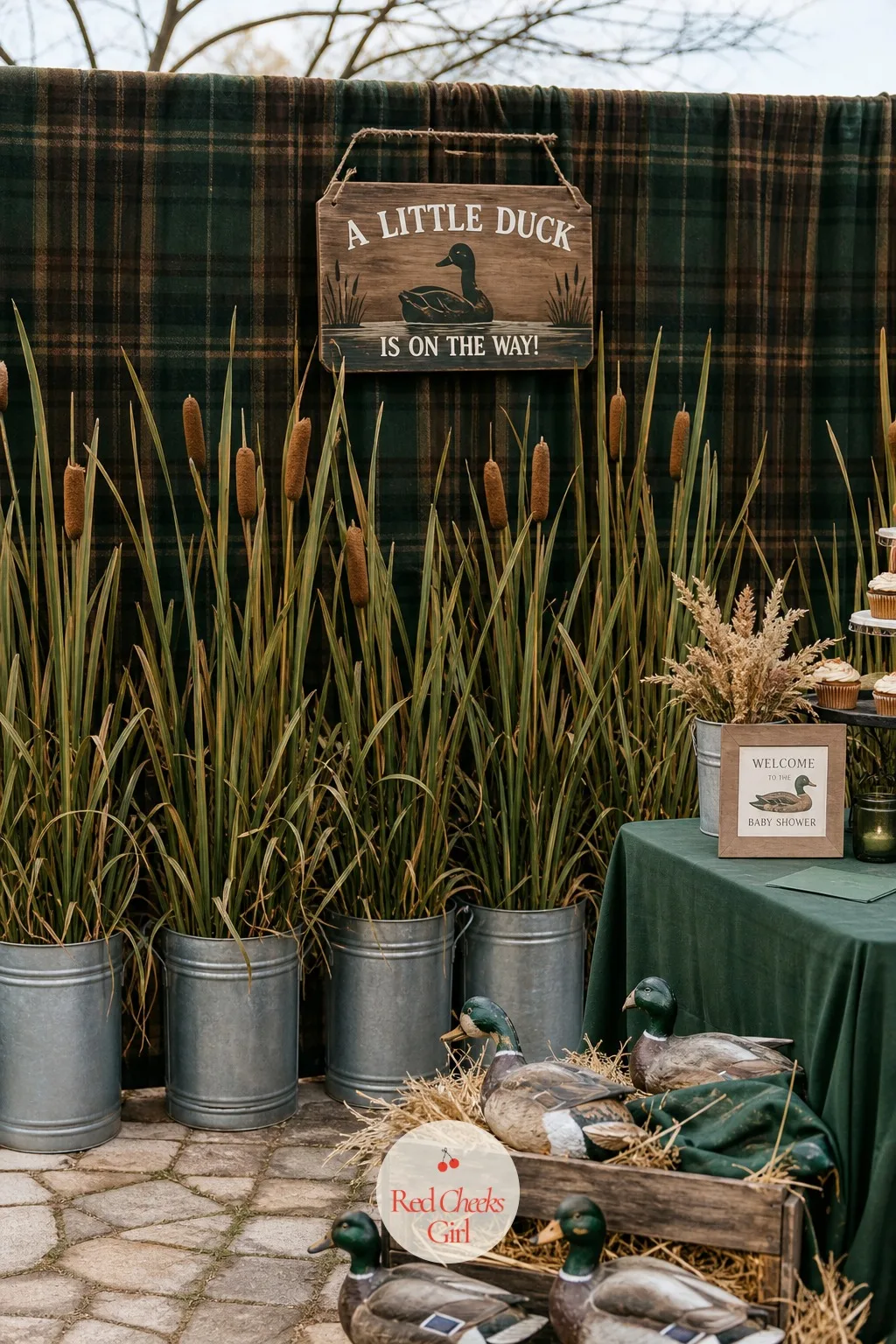 Plaid Flannel Backdrop with a Cattail Hedge — She would rather not drill into the wall for a backdrop that comes down the next morning anyway. Mallard duck