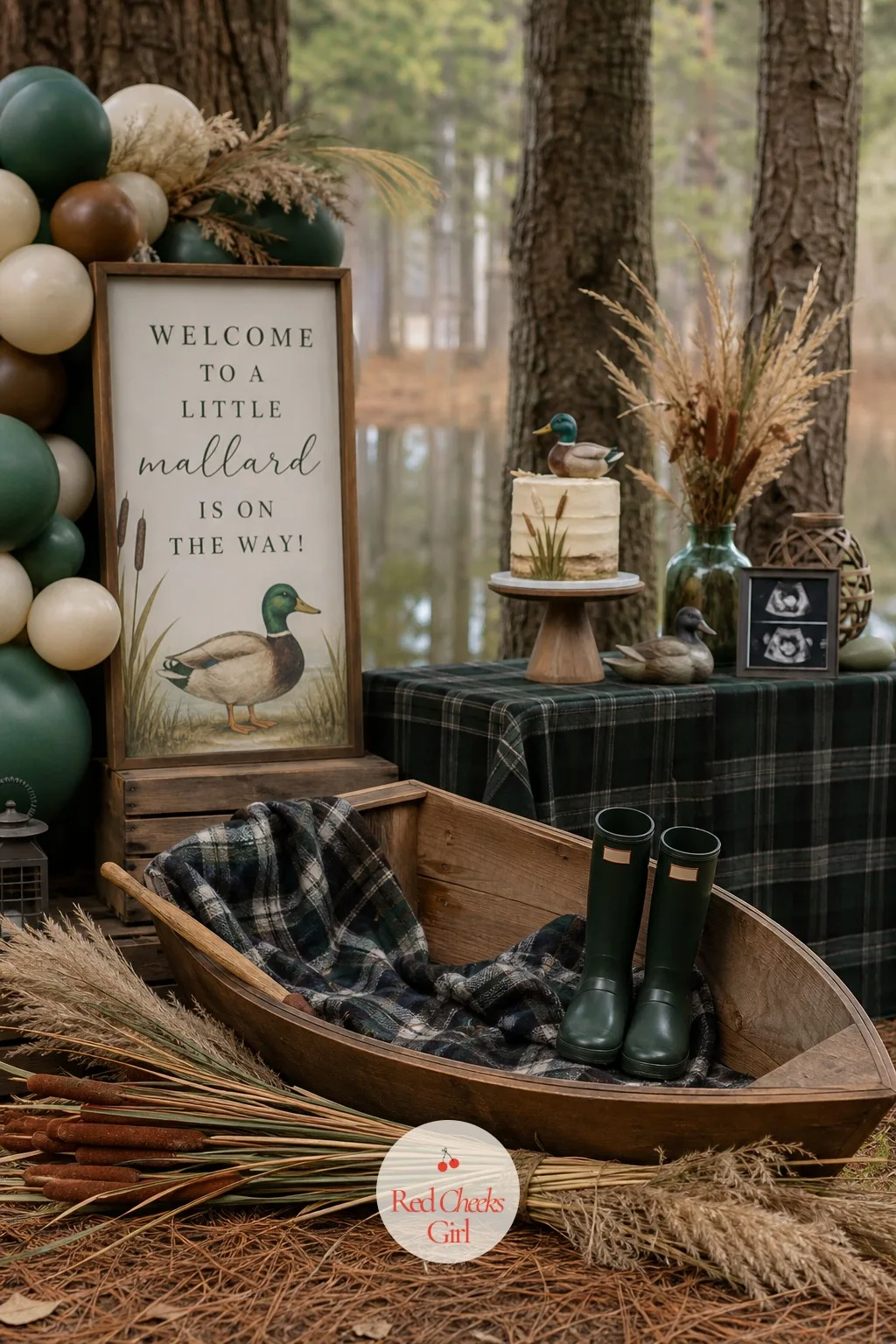 Rowboat Photo Backdrop with Rain Boots — A plain balloon backdrop gets forgotten by the second shower this year, a small rowboat does not. Mallard duck baby