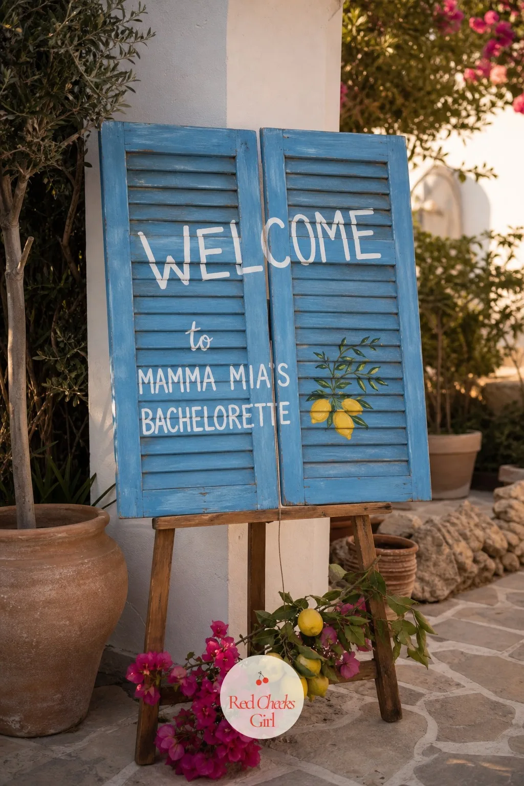 Blue Shutter Welcome Sign at the Door — Nobody should have to ask if they are in the right place. Mamma mia bachelorette party