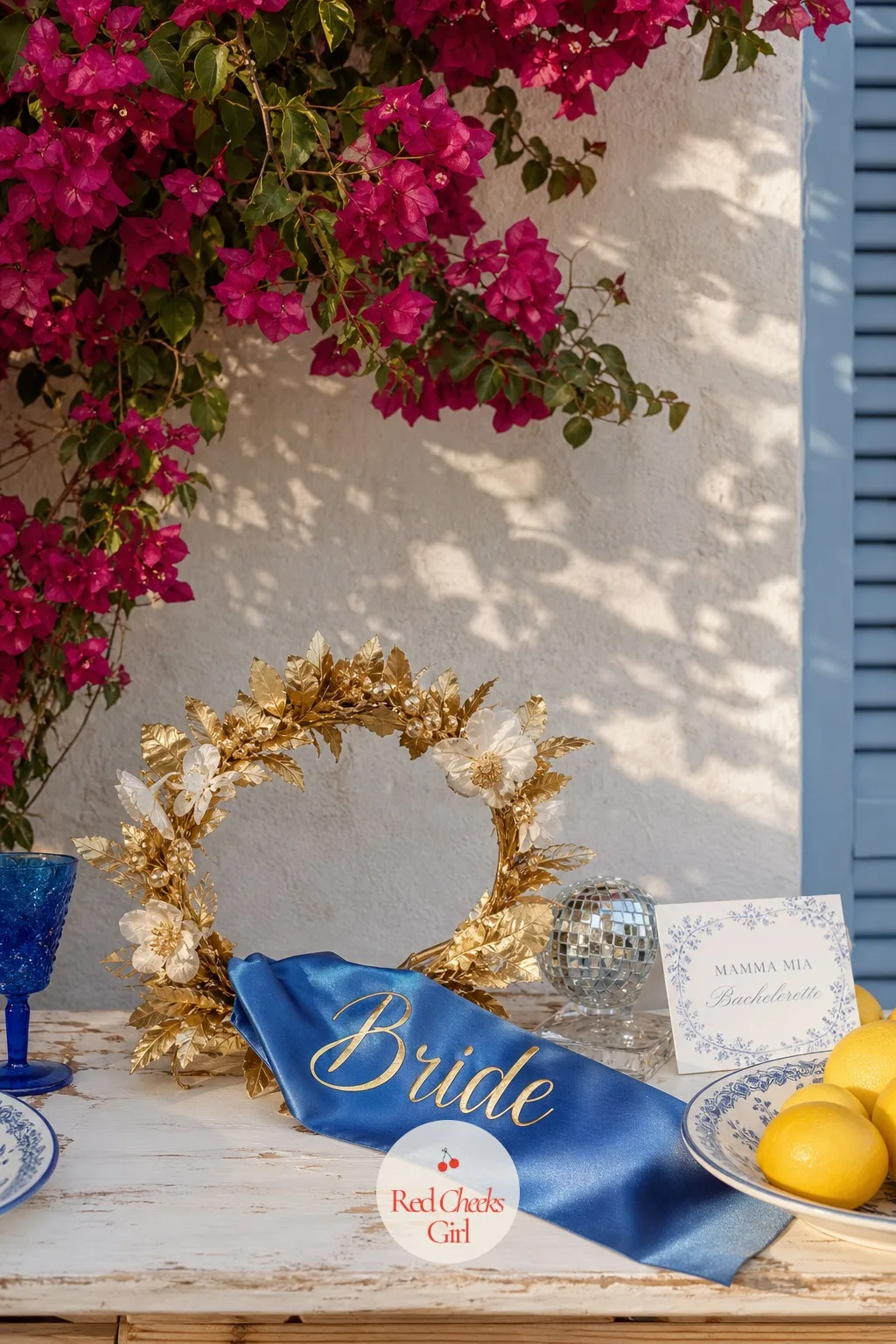 Bride's Gold Flower Crown and Silk Sash — The bride needs to read as the bride from across the terrace, without a single sequin yet in sight. Mamma mia