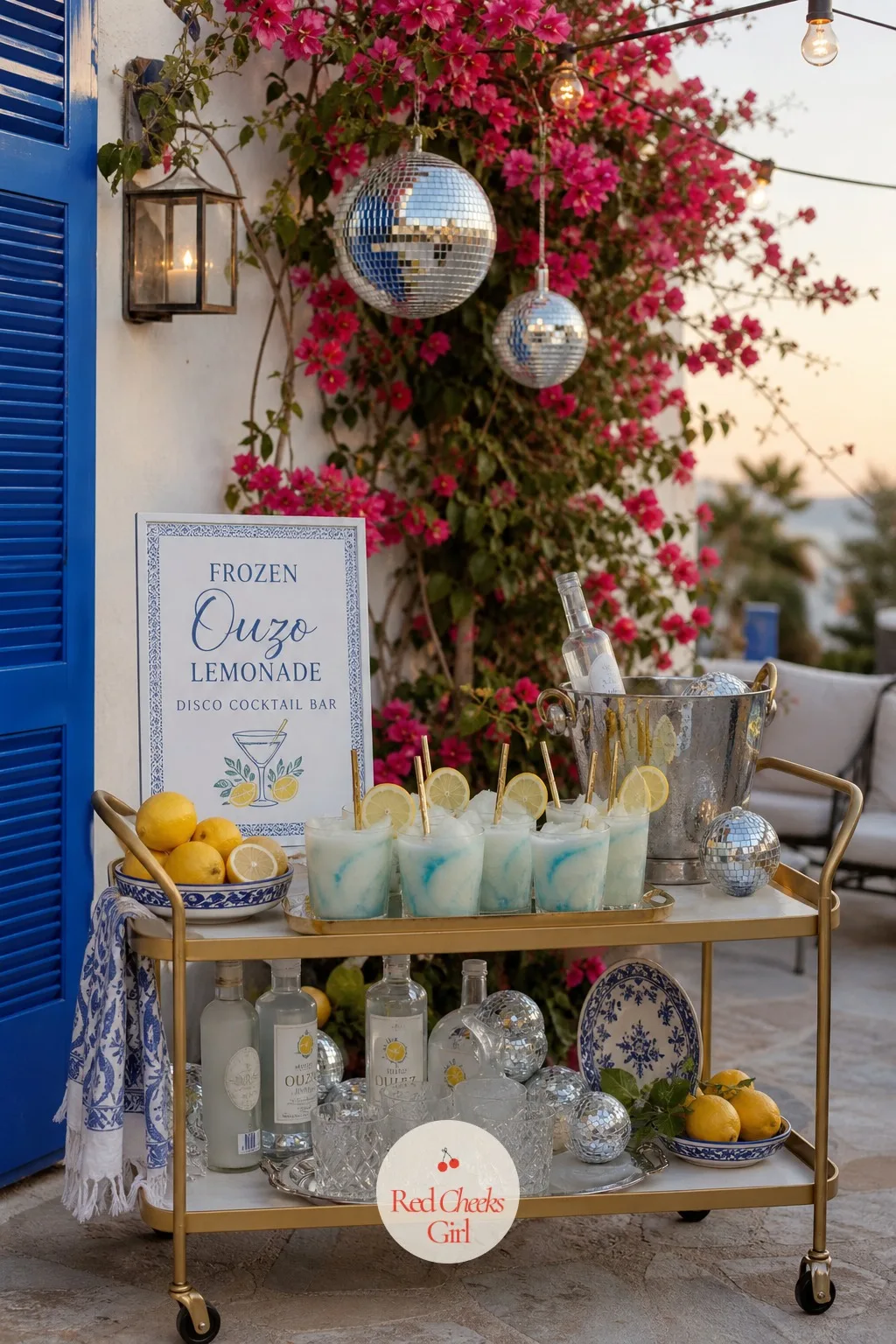 Frozen Ouzo Lemonade Disco Cocktail Bar — At the end of the mezze table, a small bar cart does double duty as the signature drink station. Mamma mia