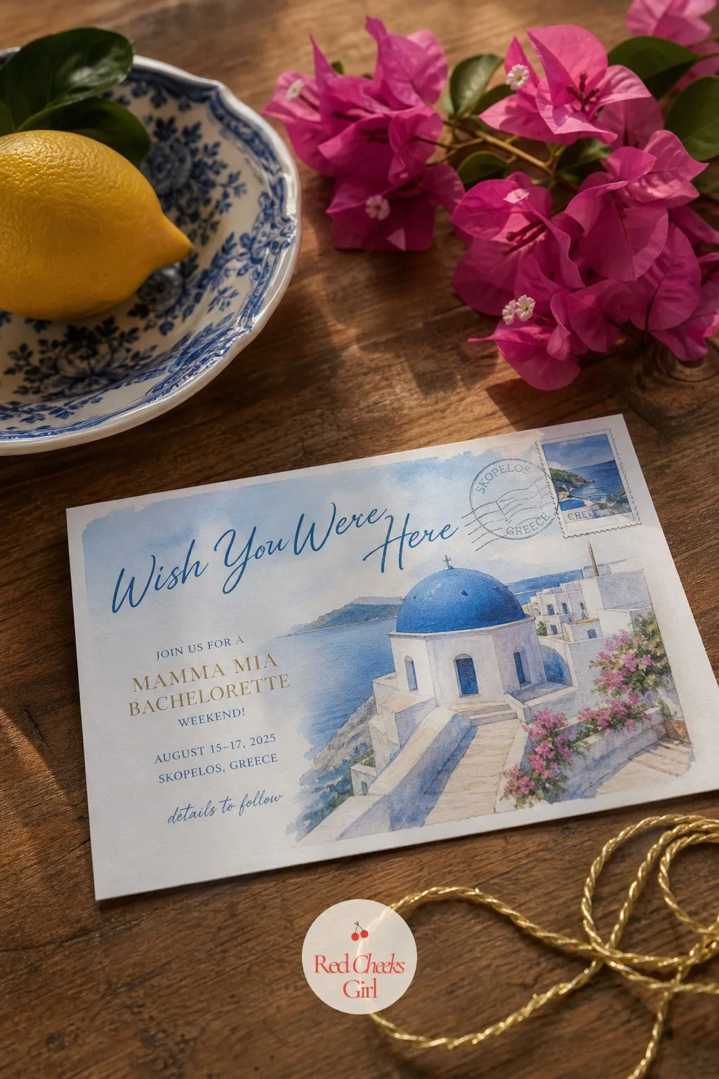 Invitation Styled as a Postcard from a Greek Island — Before anyone arrives, this is the first object that sets the whole tone. Mamma mia bachelorette party