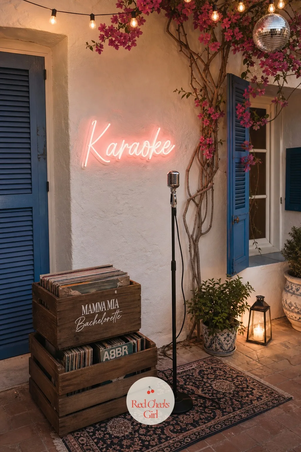 Karaoke Corner with Vintage Microphone and Record Crates — Every version of this night needs one corner built for singing, not performing, and this is it: a