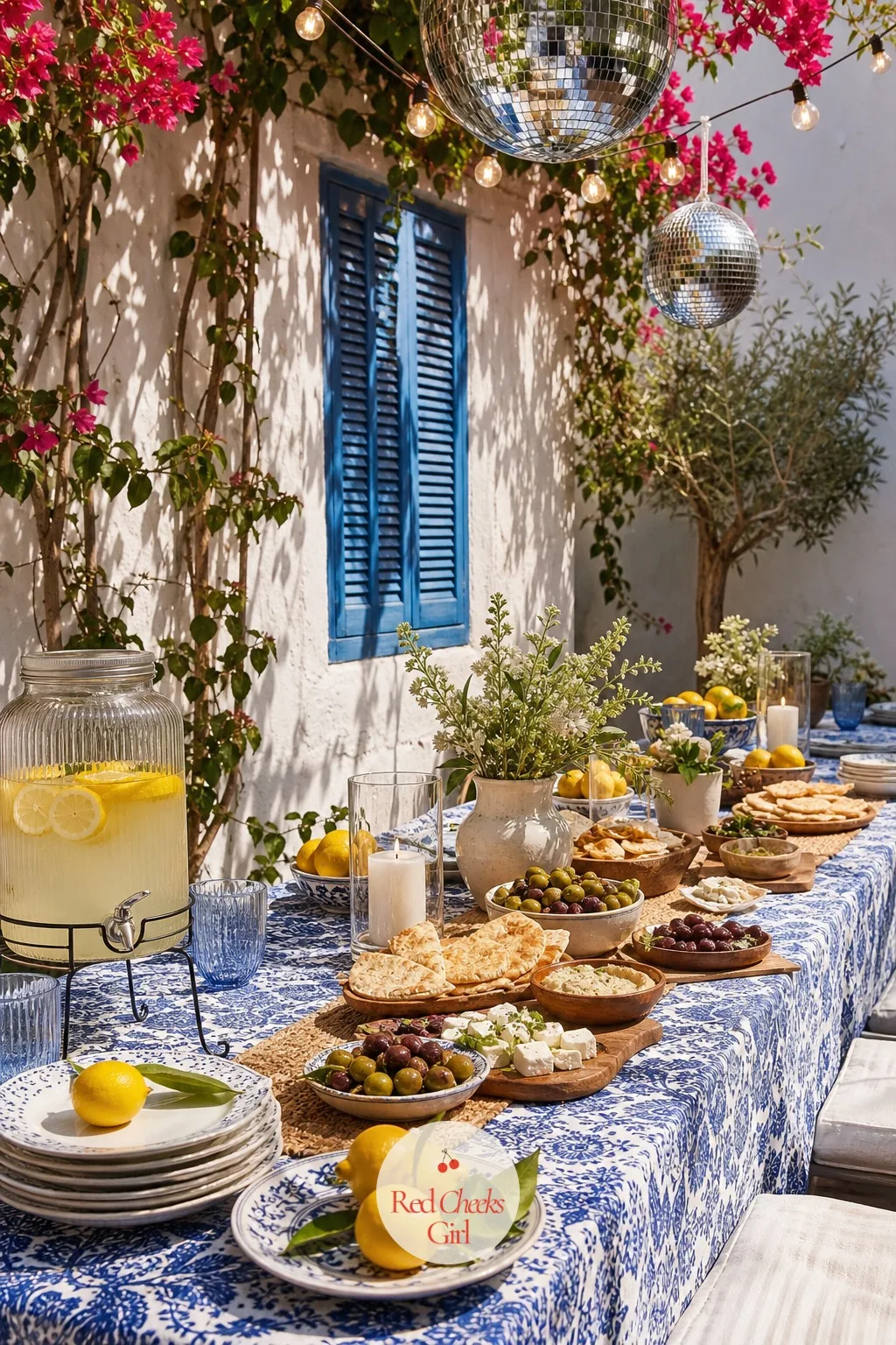 Mezze and Lemonade Spread Table — This is where the group actually lands between songs, so it has to look like a table on a Greek terrace, not a buffet line.
