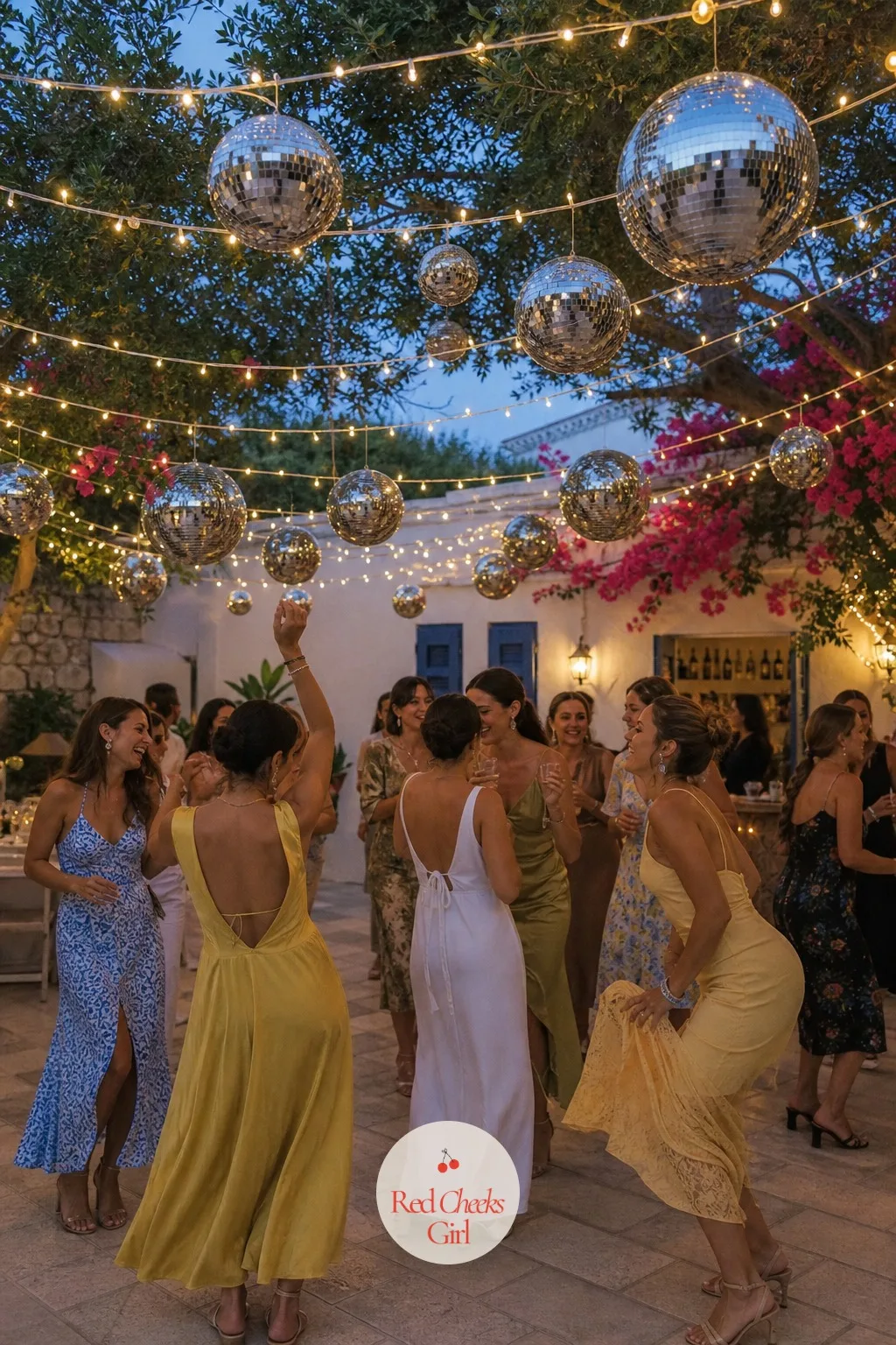 Mirror-Ball Canopy Over the Dance Floor — Overhead is where this theme gets its disco back. Mamma mia bachelorette party