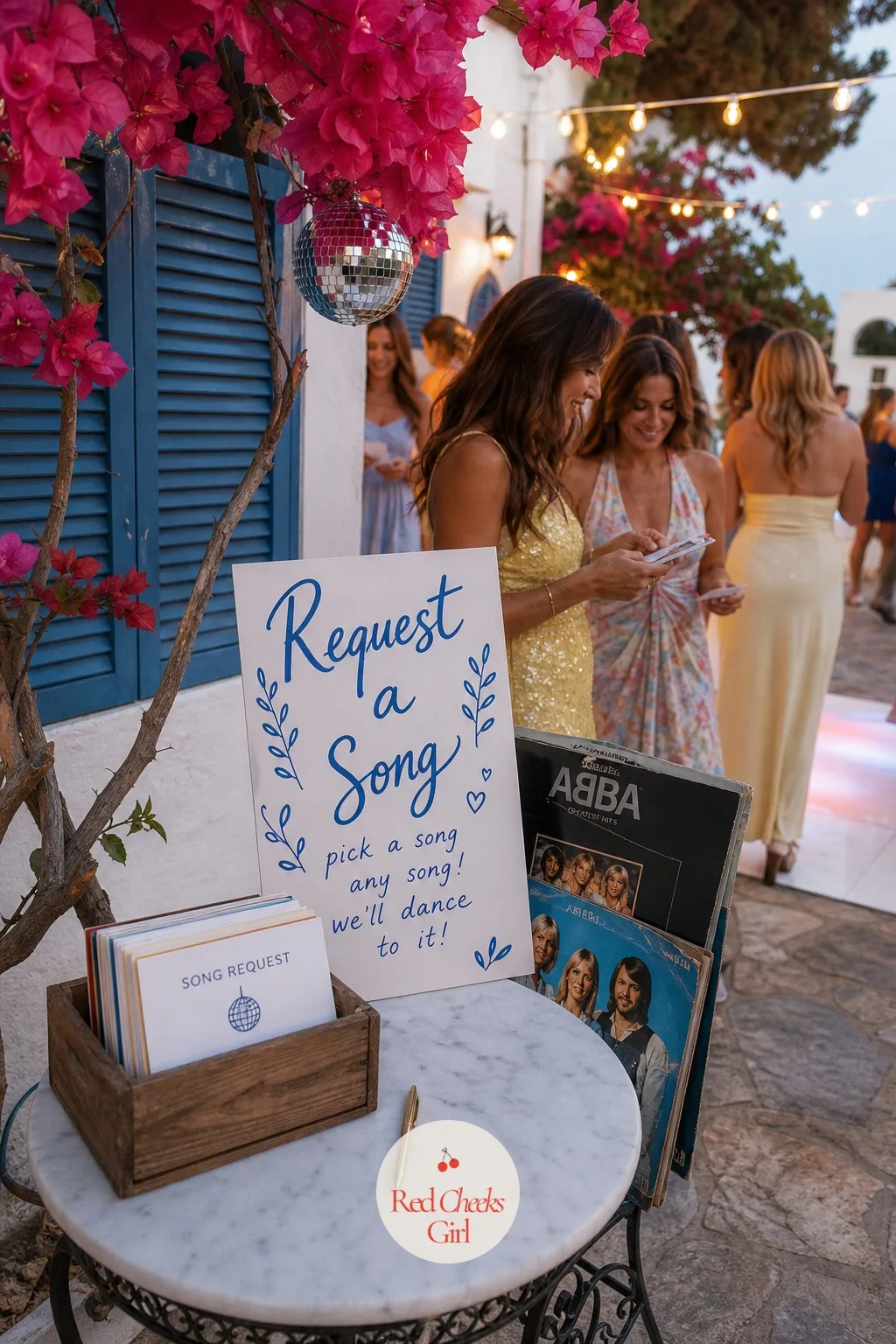 Song Request Station with Vinyl Records — Somewhere near the dance floor, a small table holds a stack of vinyl record sleeves for styling and a short basket of