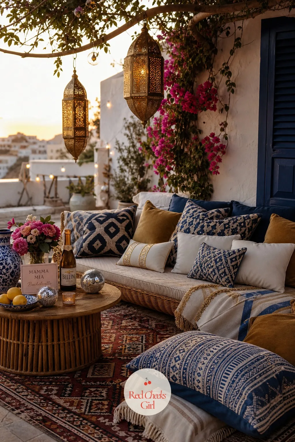 Terrace Lounge Corner with Kilim Cushions and Brass Lanterns — Somewhere away from the table, give the group a spot to sink into between songs. Mamma mia