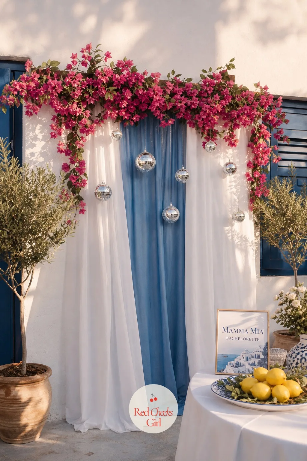 Whitewash and Blue Backdrop with Bougainvillea and Disco Balls — Forget a bare rented wall: this is the one thing that turns any room into a terrace in the