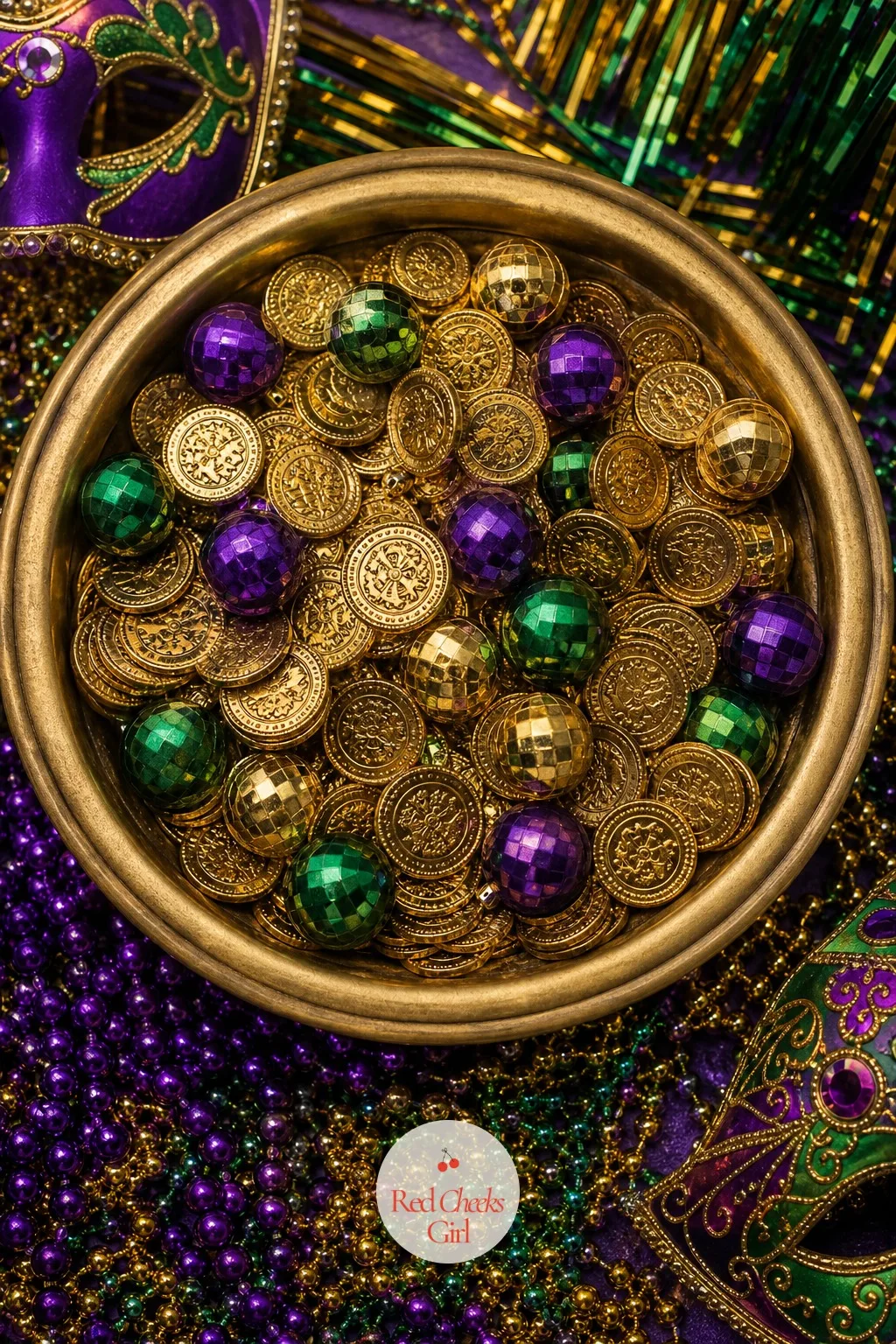 Brass Bowl Of Doubloons And Ornaments — A table full of food still needs one thing that just sits there and glints. Mardi gras party