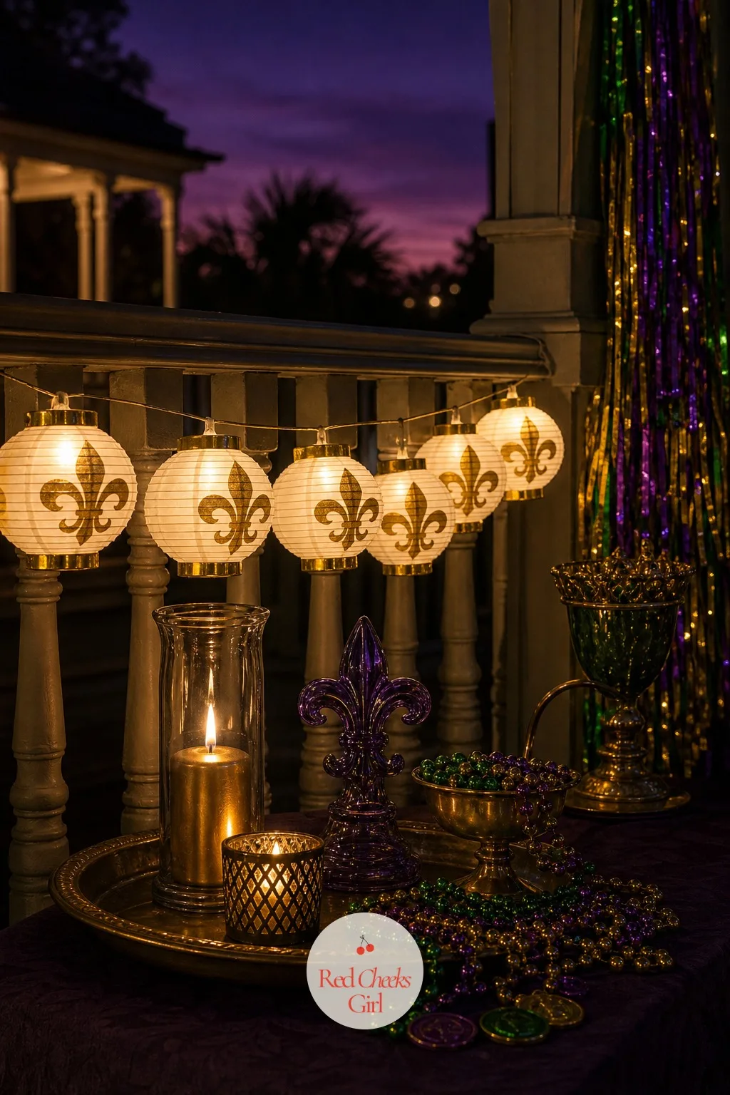 Fleur-de-Lis Paper Lantern String — Overhead light at a party either flatters everyone or shows every crumb on the counter. Mardi gras party