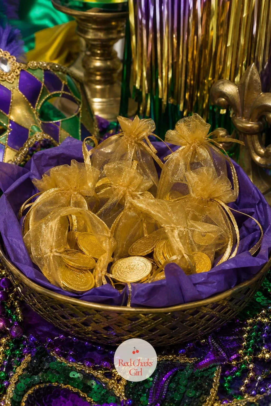 Gold Coin Favor Pouches — A favor that rattles a little in the hand reads as more generous than it actually costs. Mardi gras party