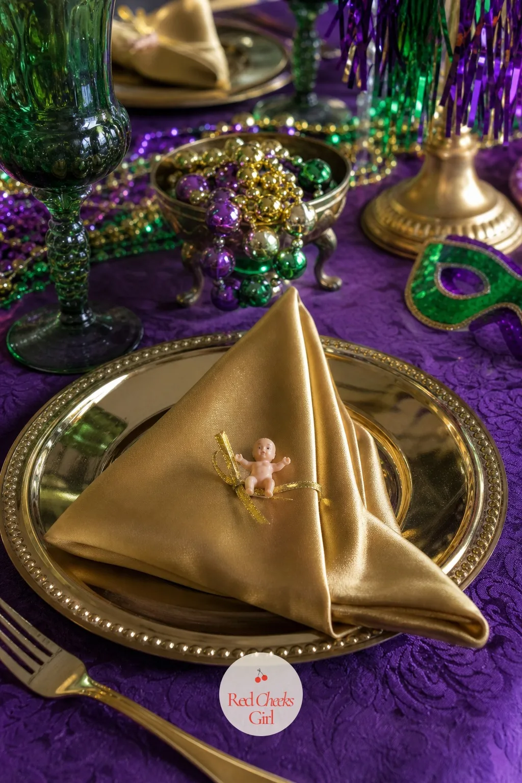 A King Cake Baby Charm At Every Place Setting — The cake already hides one baby for the whole table to hunt through. Mardi gras party