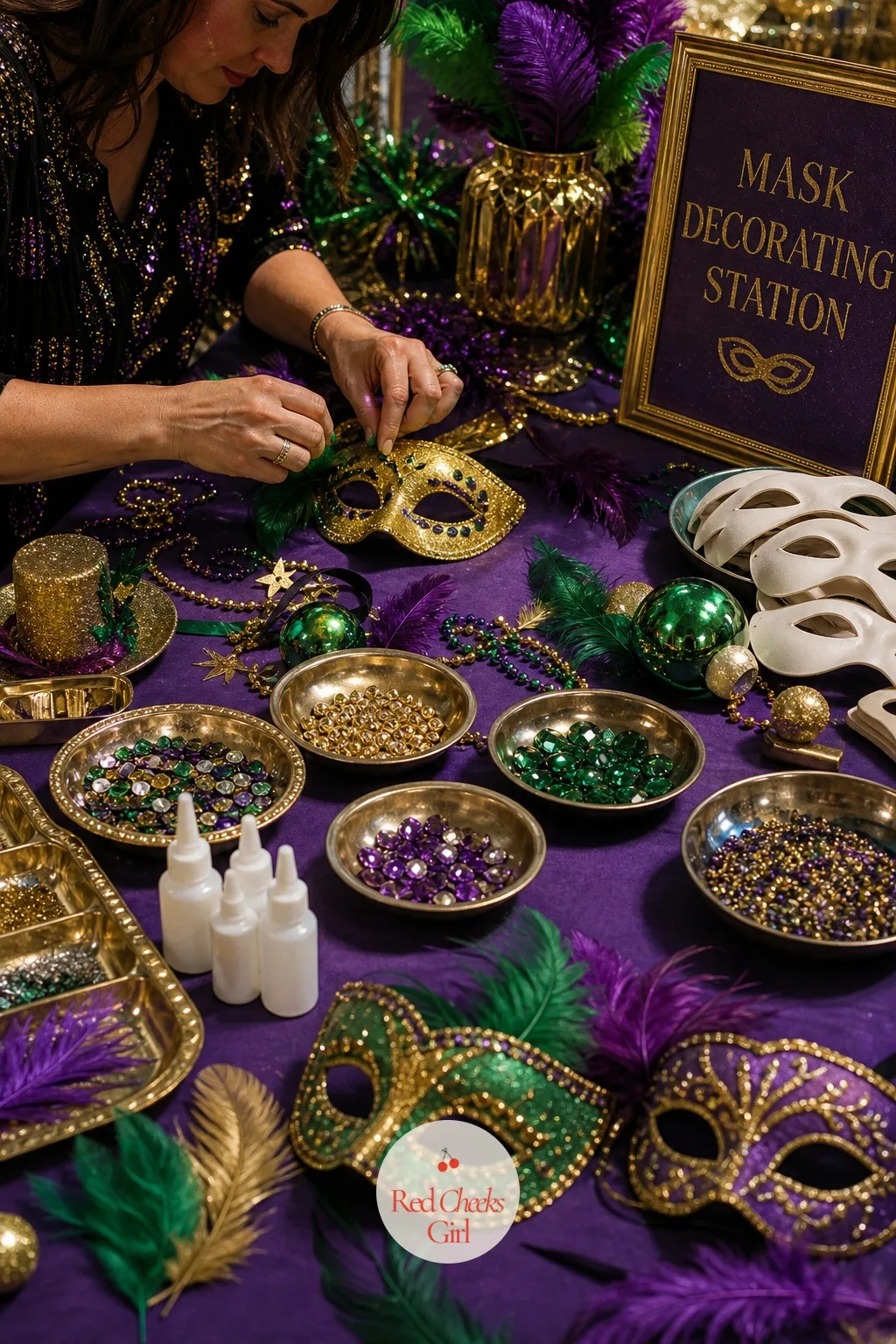 Mask Decorating Station — Guests arrive wanting something to do with their hands before the food is ready, and a craft table gives them exactly that. Mardi