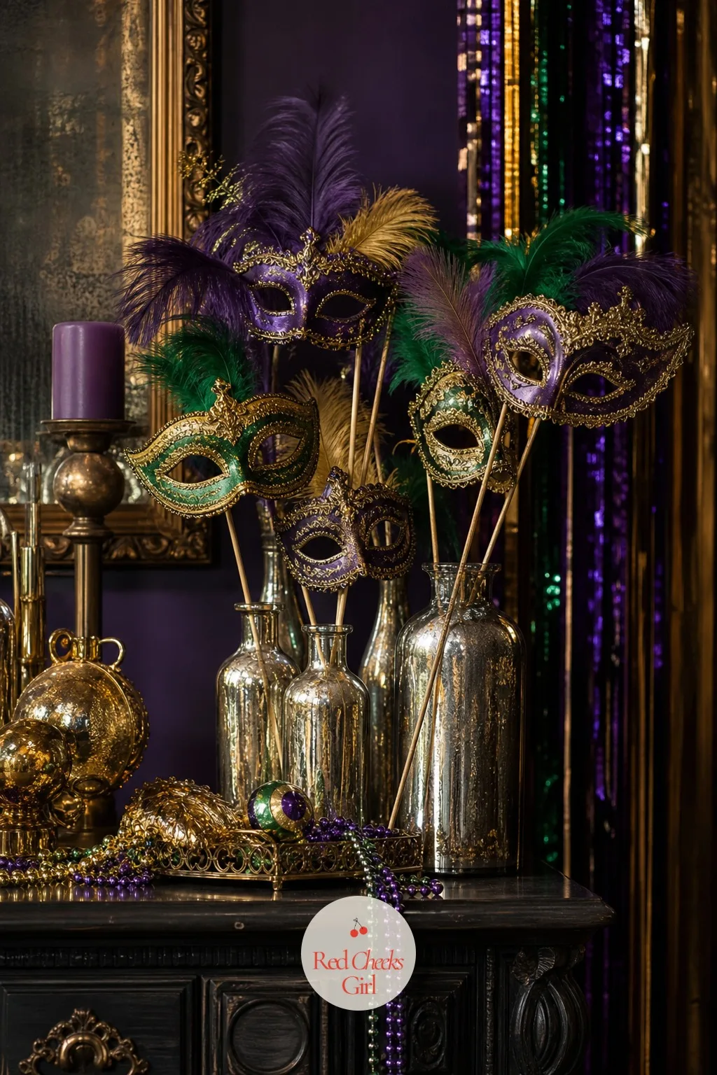 Masks On Sticks In Silver Bottles — Masks left flat on a table disappear into the tablecloth. Mardi gras party
