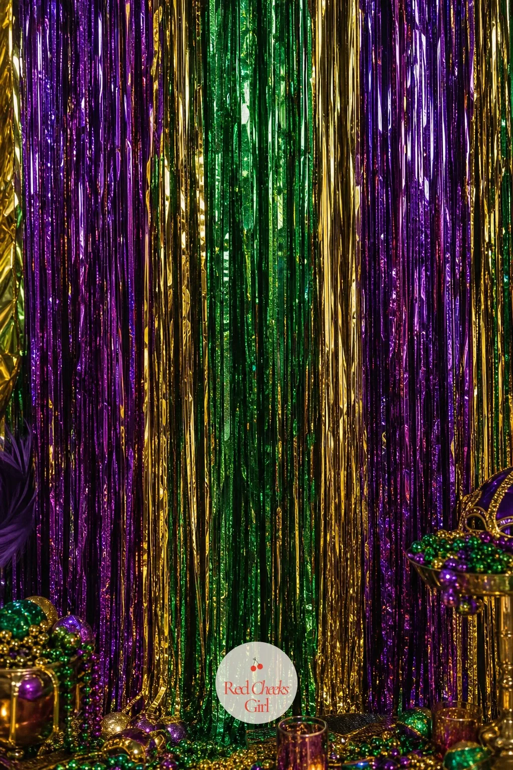 Metallic Fringe Backdrop — A bare wall says nothing, and every photo taken against it looks like an afterthought. Mardi gras party