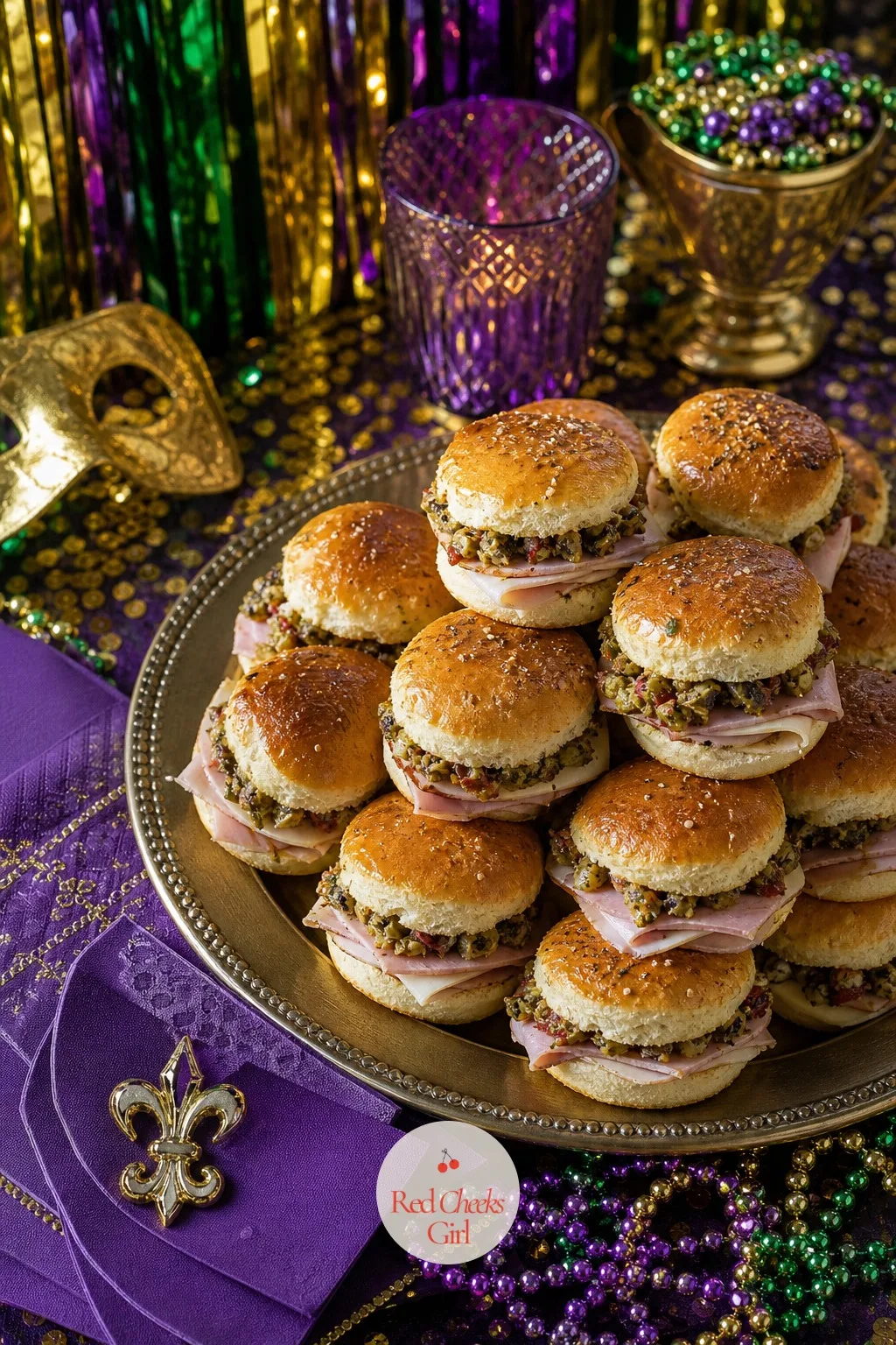Muffaletta Bites — A buffet of hot dishes still wants one cold, grab and go option for the guest who arrives late or eats standing up. Mardi gras party