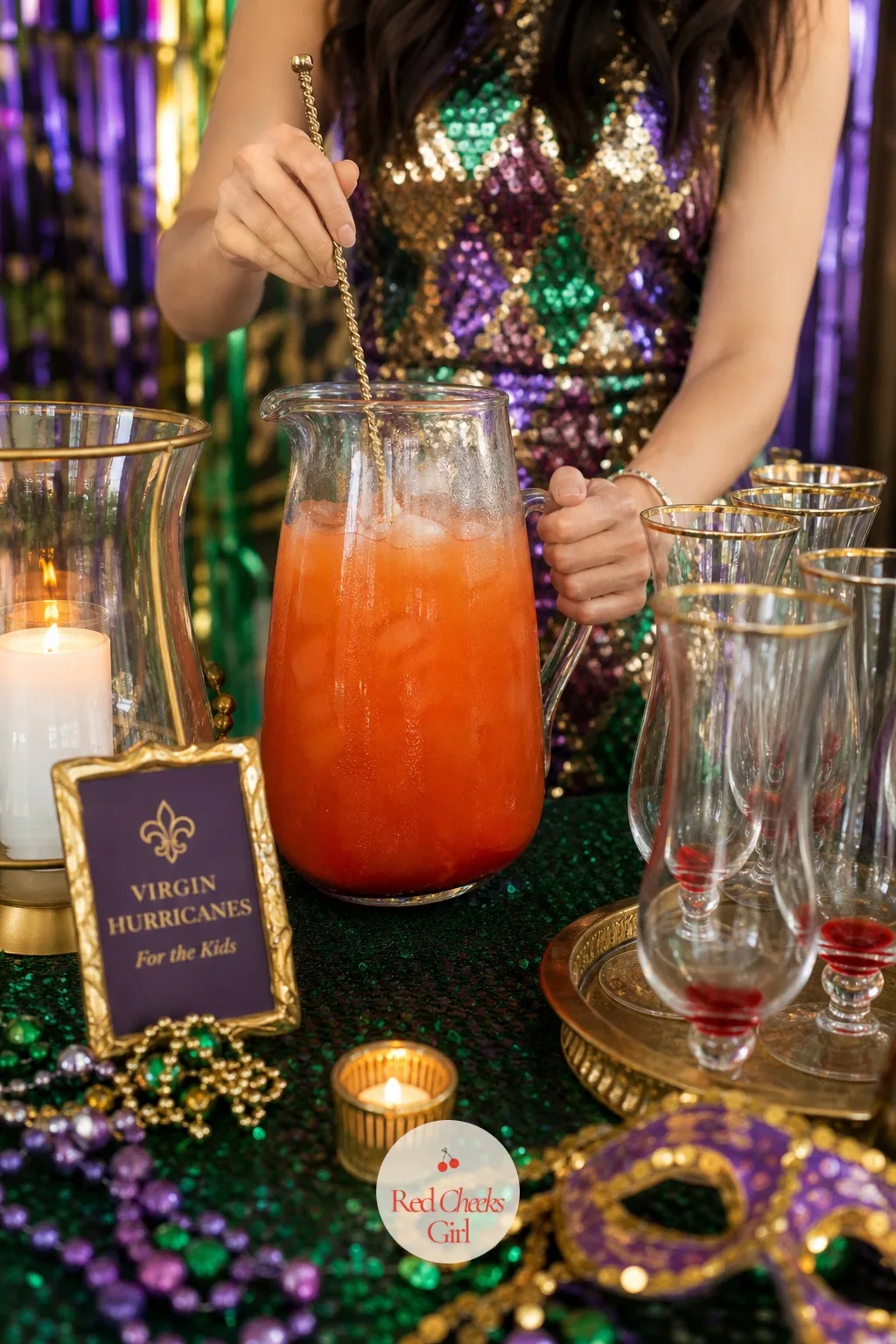 Pitcher Of Virgin Hurricanes For The Kids — Every adult drink on the table needs a mirror image that a ten year old can hold without anyone raising an eyebrow.