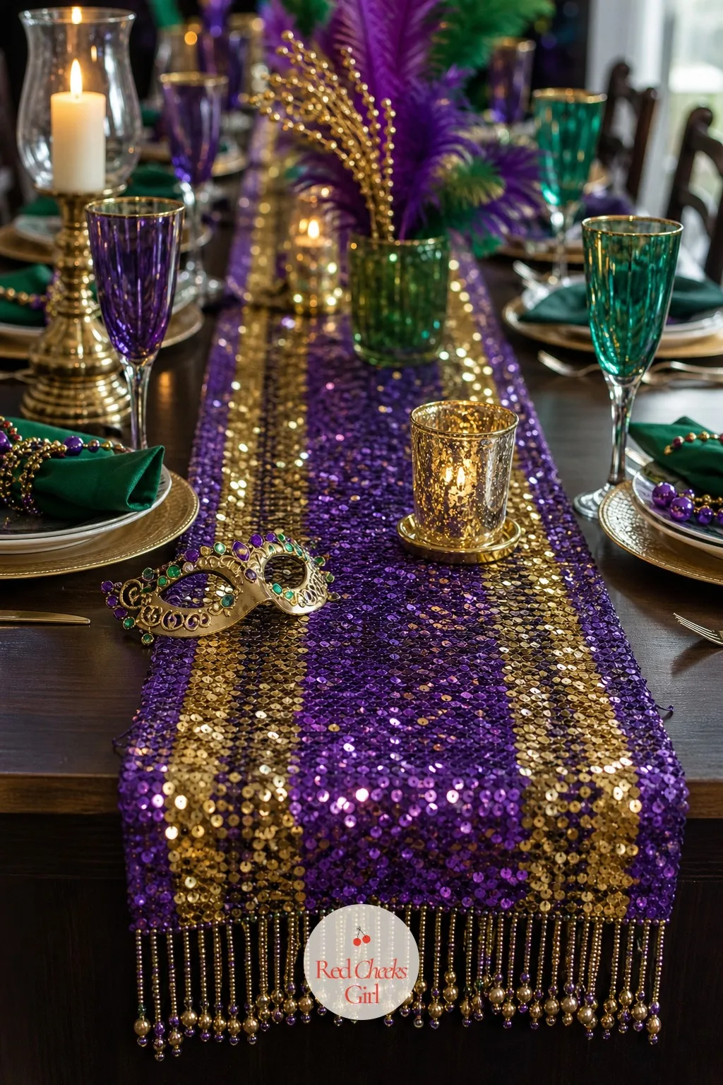 Sequined Table Runner — A plain tablecloth photographs as a plain tablecloth, however good the food on it. Mardi gras party