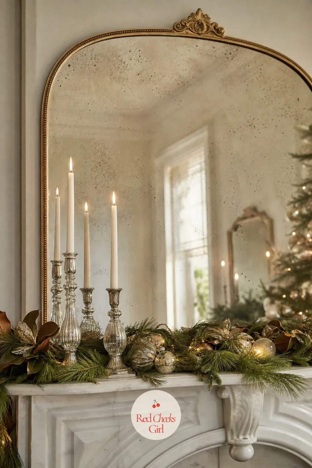 The Mirror Above — The space between the mantel garland and the mirror often sits empty and nobody notices why the whole wall feels unfinished. Martha stewart
