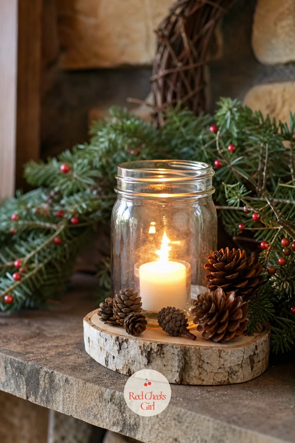 Birch Slice and Pinecone Lantern — A row of identical glass jars on a mantel can look like leftovers from a science classroom. Mason jar christmas crafts