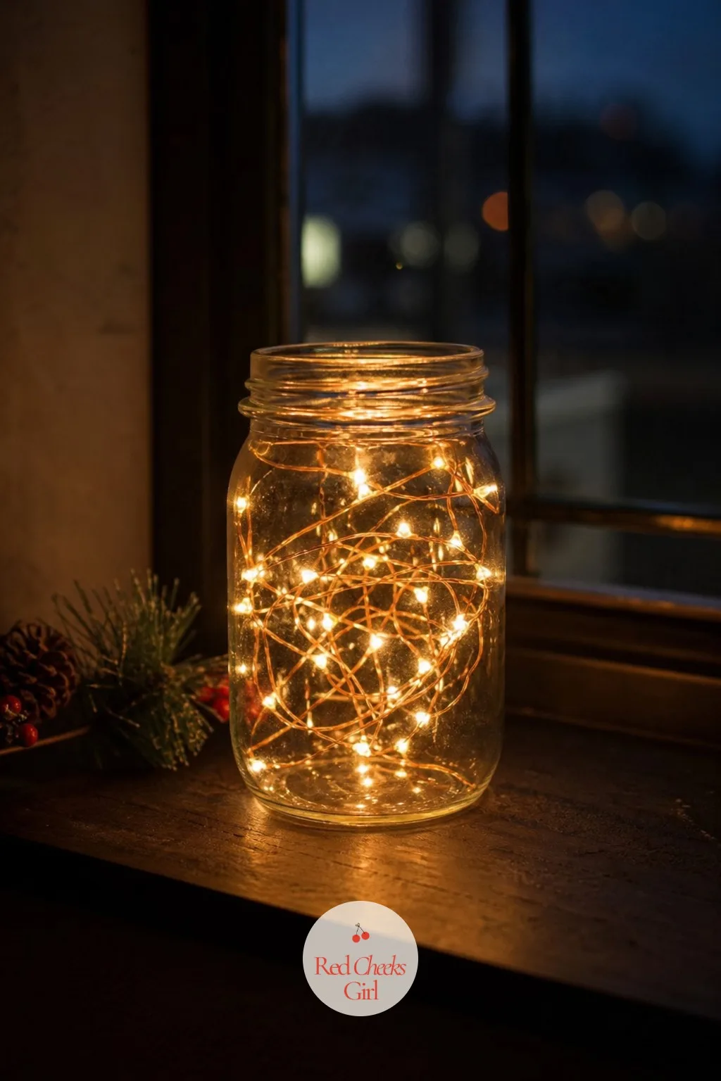 Copper Wire Fairy Light Jar — A window at night with nothing in it just reflects the dark room back at you. Mason jar christmas crafts