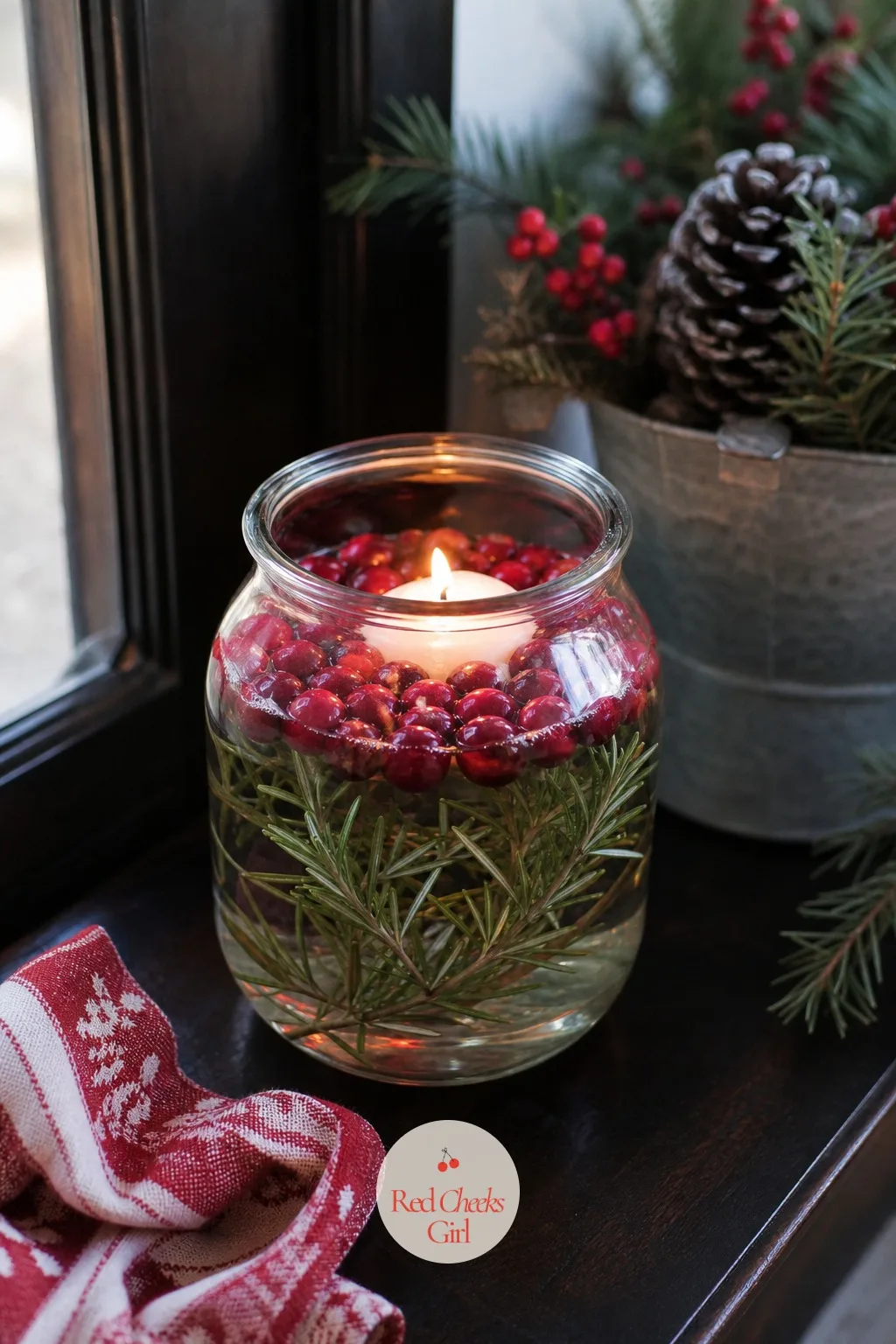 Cranberry and Rosemary Floating Candle Jar — An empty entry table says nobody is home yet, even on the night of the party. Mason jar christmas crafts