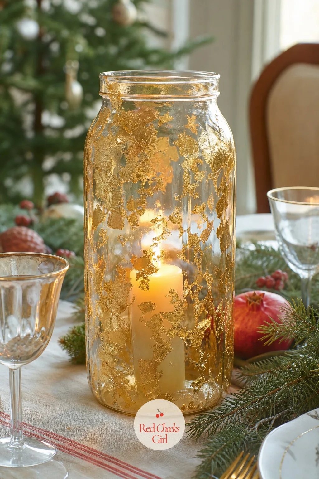 Gold Leaf Hurricane Jar — A dining table under low light wants at least one object with some shine, or the whole spread reads flat in photos. Mason jar
