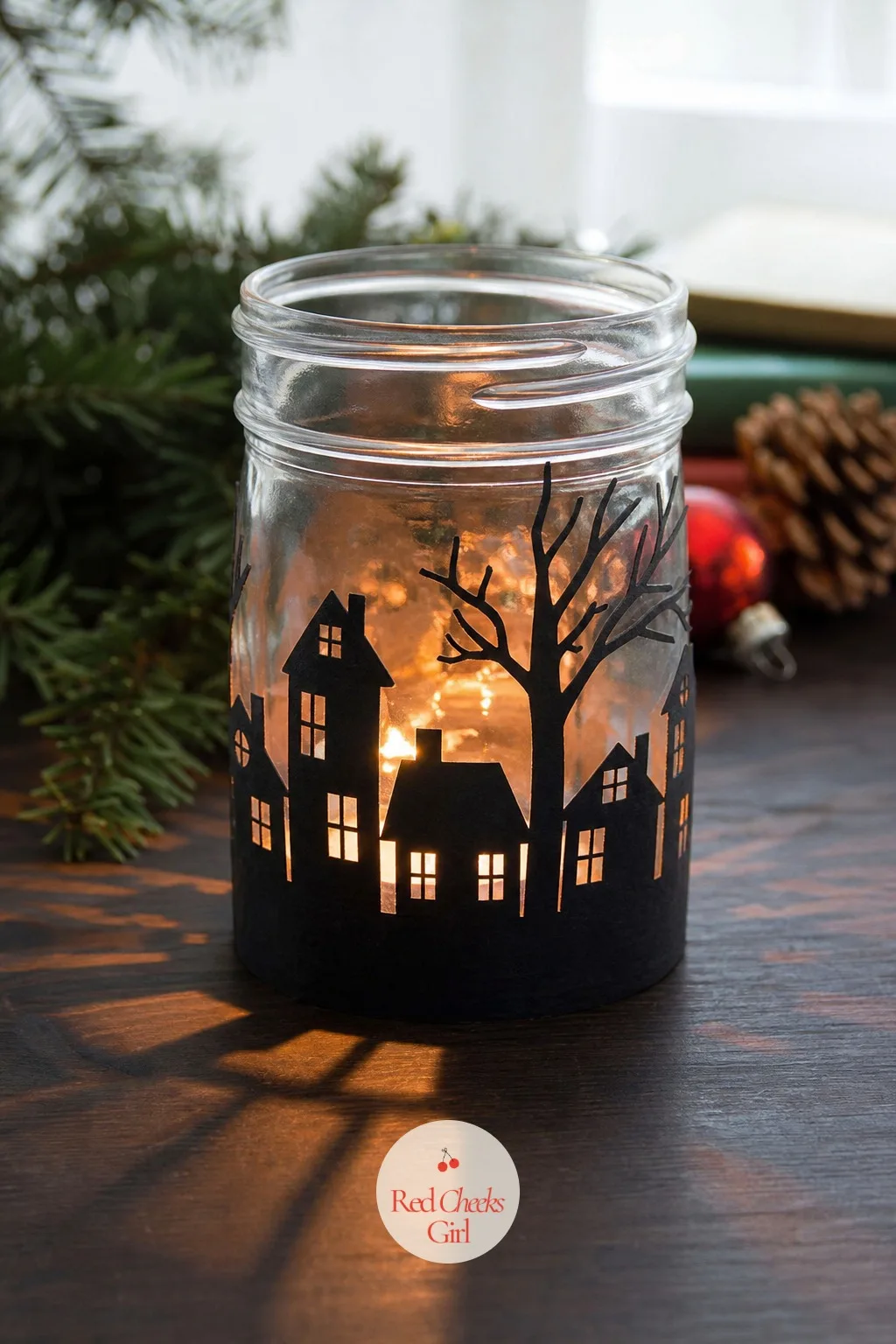 Paper Village Silhouette Jar — A plain jar with a candle inside is pretty; a jar that throws the shadow of a tiny rooftop and a bare tree across the table is
