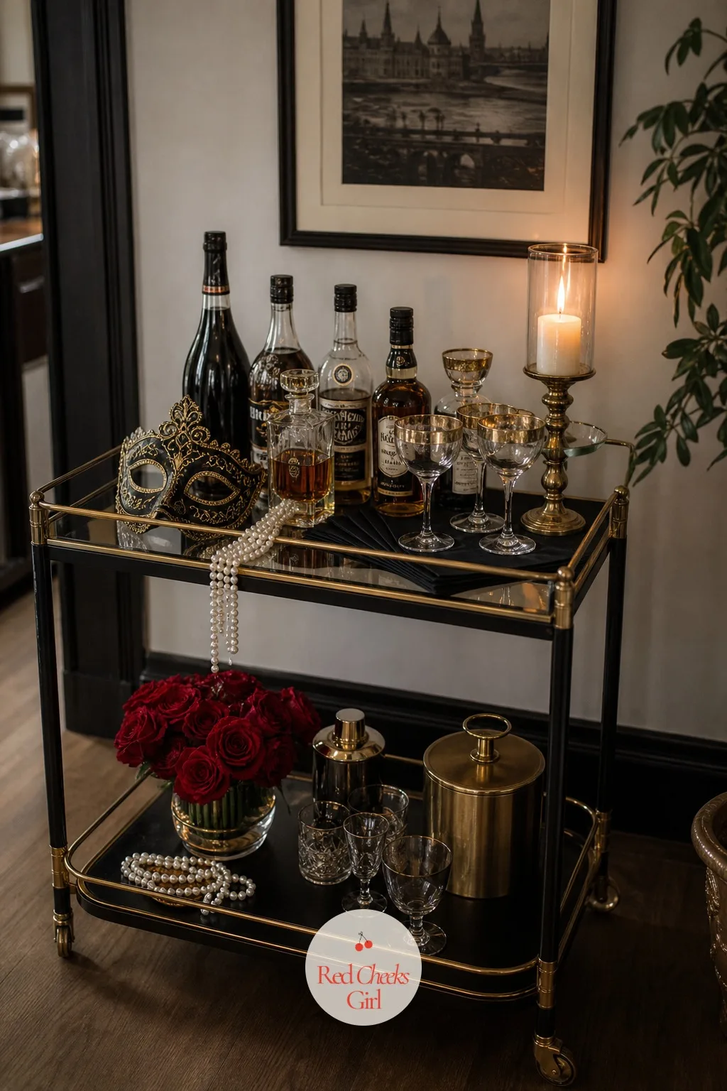 The Bar Cart Set in Black and Gold — A bar cart left as it normally sits reads like any other Saturday. Masquerade party decorations