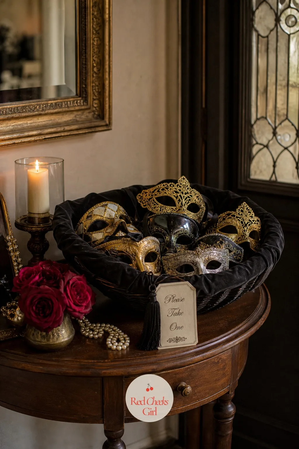 A Basket of Masks Waiting at the Entrance — Half the guests will forget their mask, and a bare entryway makes that obvious the second they walk in. Masquerade