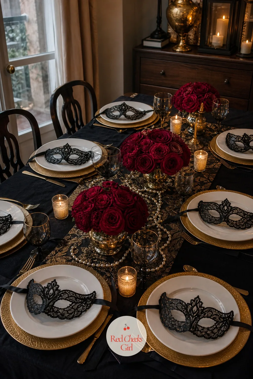 Black Lace Masks Laid on Every Place Setting — A table set with only plates and glasses feels like dinner, nothing more. Masquerade party decorations