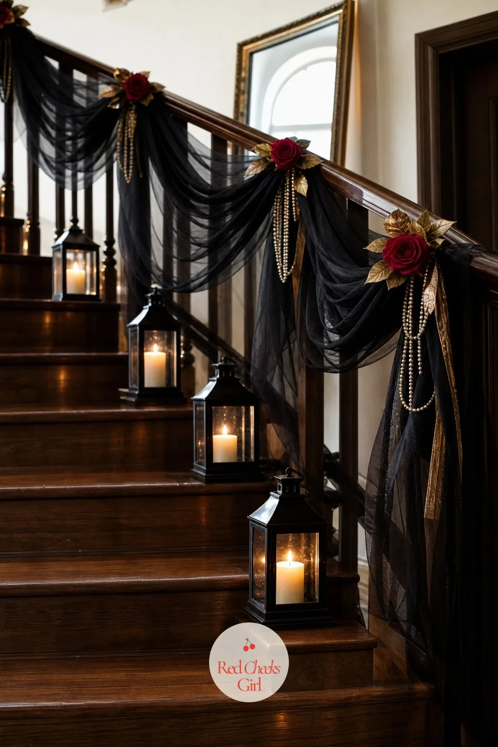 The Black-Draped Staircase With Candle Lanterns — A staircase usually gets skipped because it feels like too much work for a few minutes of guest traffic.