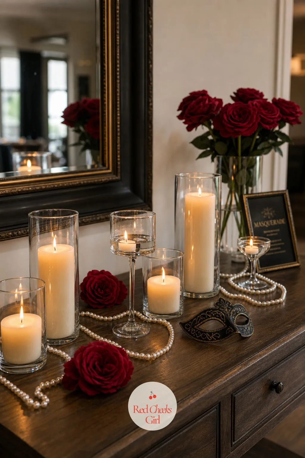 The Candle and Pearl Cluster on the Console — A bare console table against wood panelling or a plain wall needs almost nothing, just height, glass and