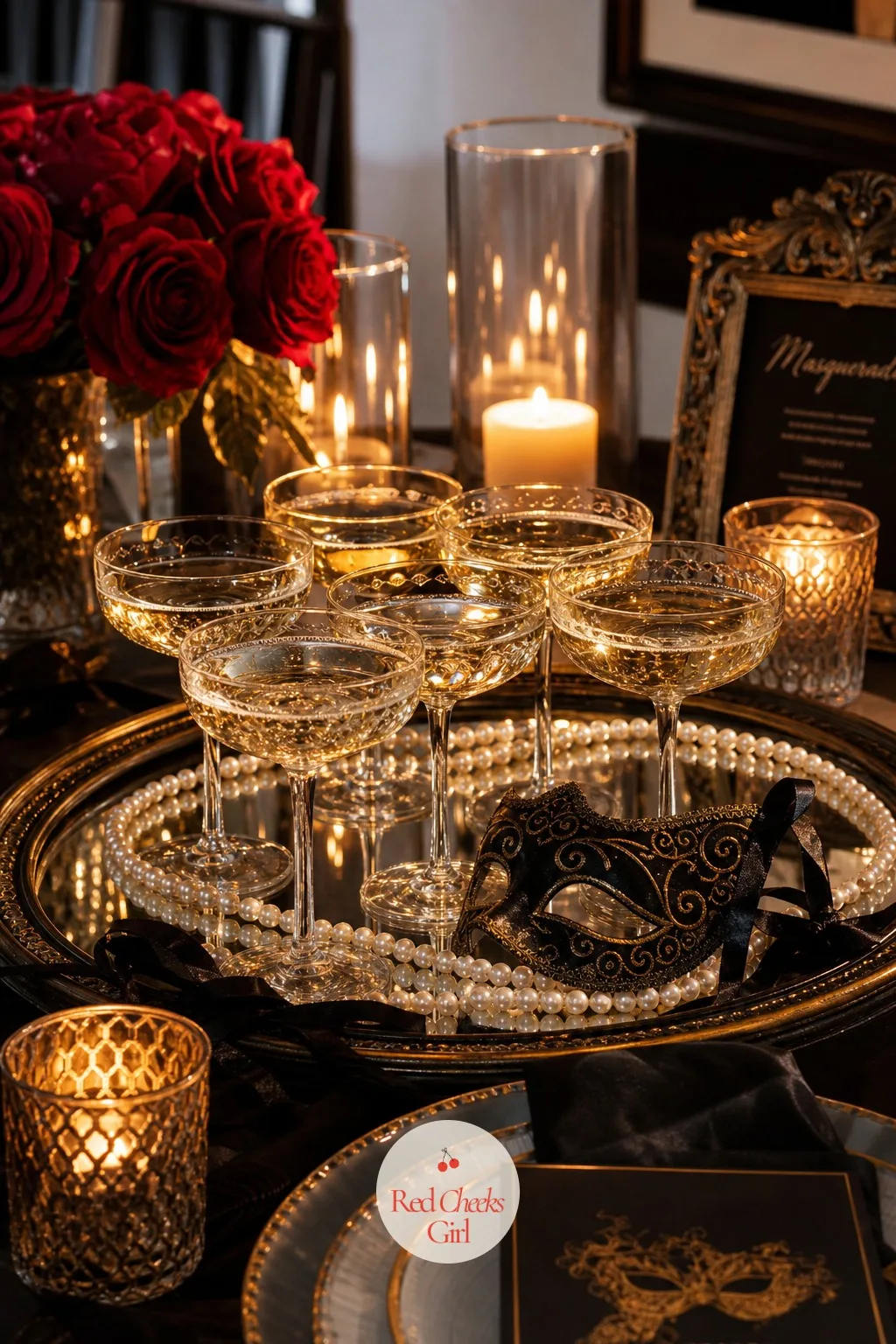 A Cluster of Champagne Coupes Lit From Behind — Pre-poured drinks lined up in a row look efficient but not especially glamorous. Masquerade party decorations