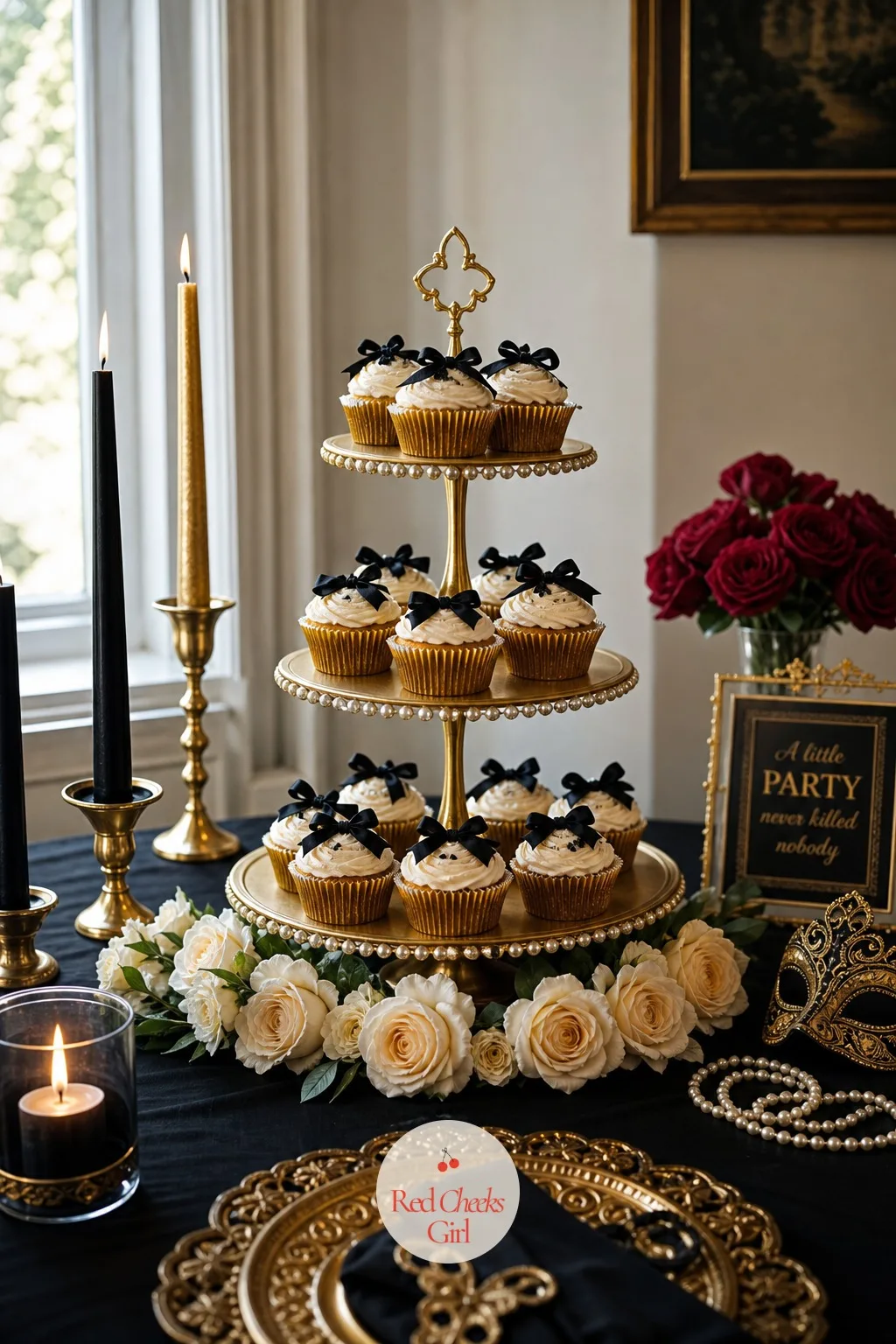 A Cupcake Tower Finished in Black Ribbon and Roses — A plain cupcake stand on a party table looks like a birthday that wandered in from the wrong event.