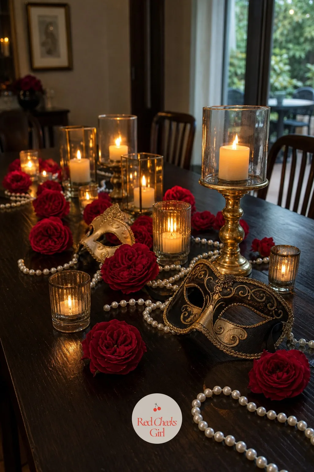 The Dark Table Dressed With Roses, Candles and Masks — Strip the runner off a dark wood table entirely and you get the base this scene actually wants.