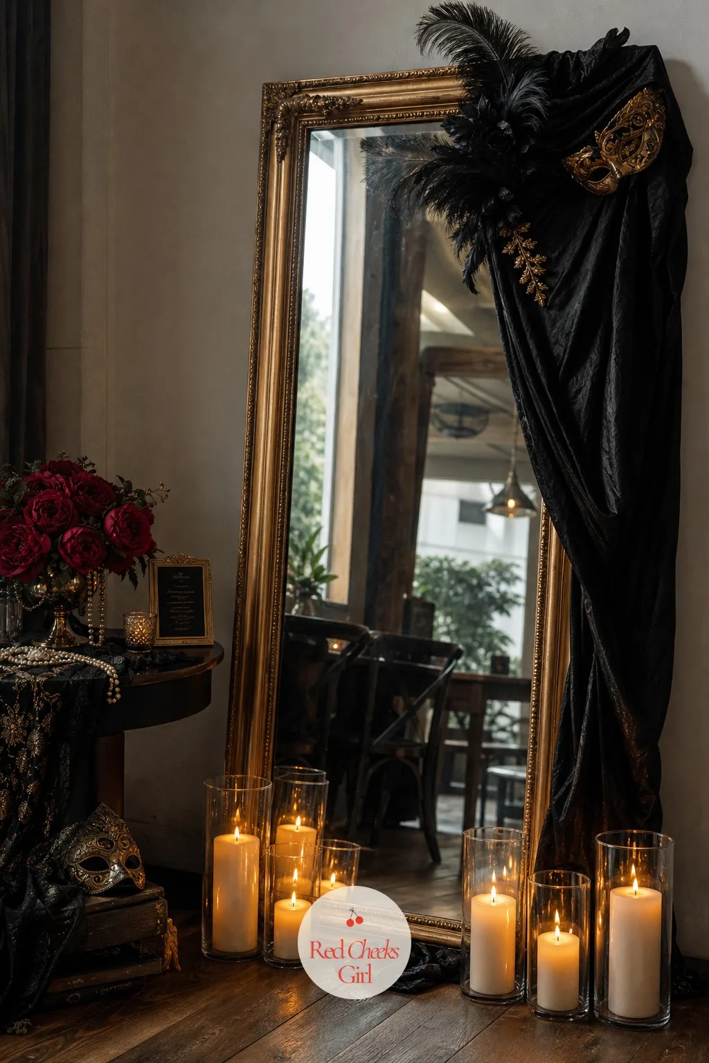 The Draped Mirror That Doubles the Candlelight — A leaning mirror in the corner reads as nothing in particular, until it wears something. Masquerade party