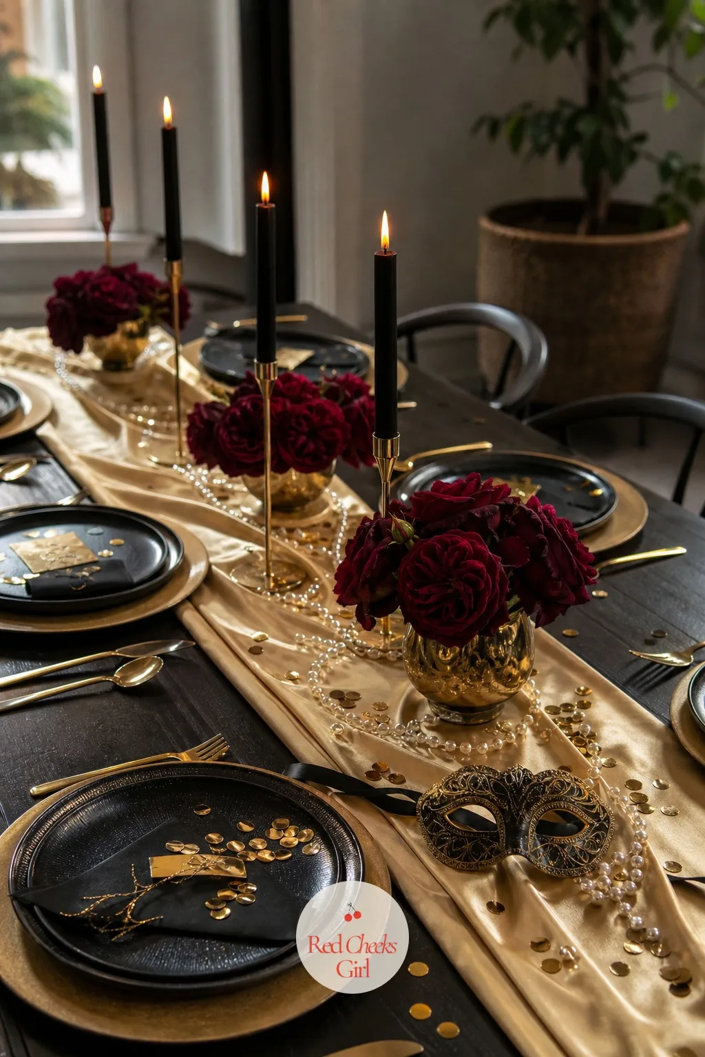 A Gold Runner Scattered With Confetti and Candles — A dining table that already has its cloth on feels half dressed without one more layer down the center.