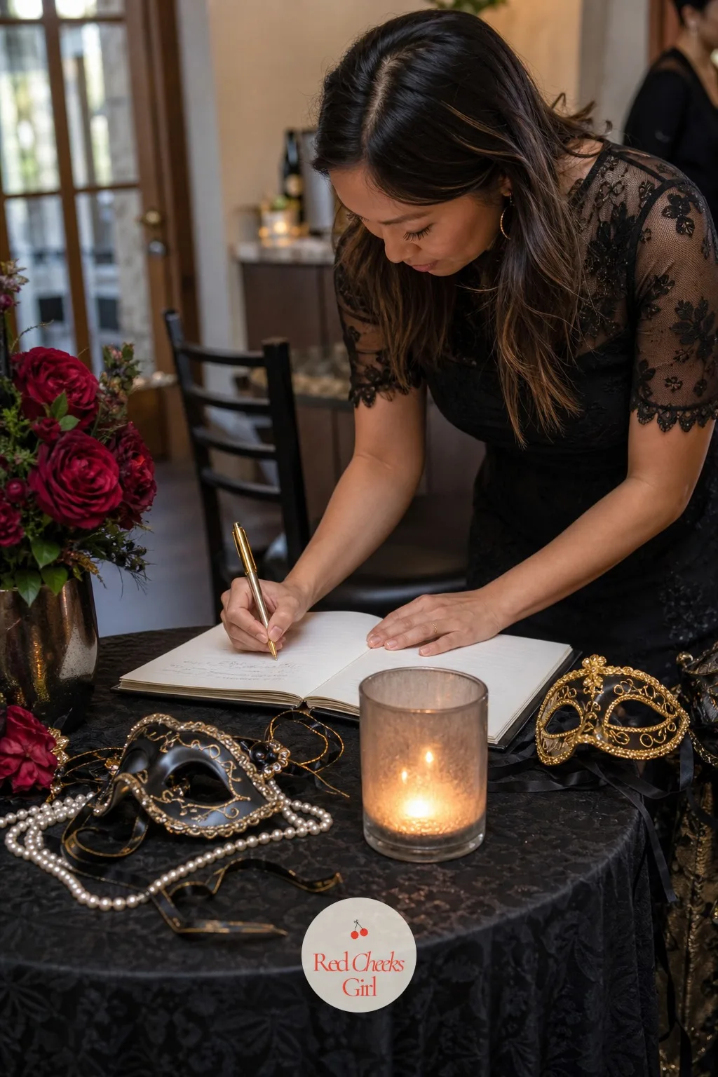 A Guest Book Table Dressed for Signing — A blank page on a bare table rarely gets signed, guests walk past it without noticing it exists. Masquerade party
