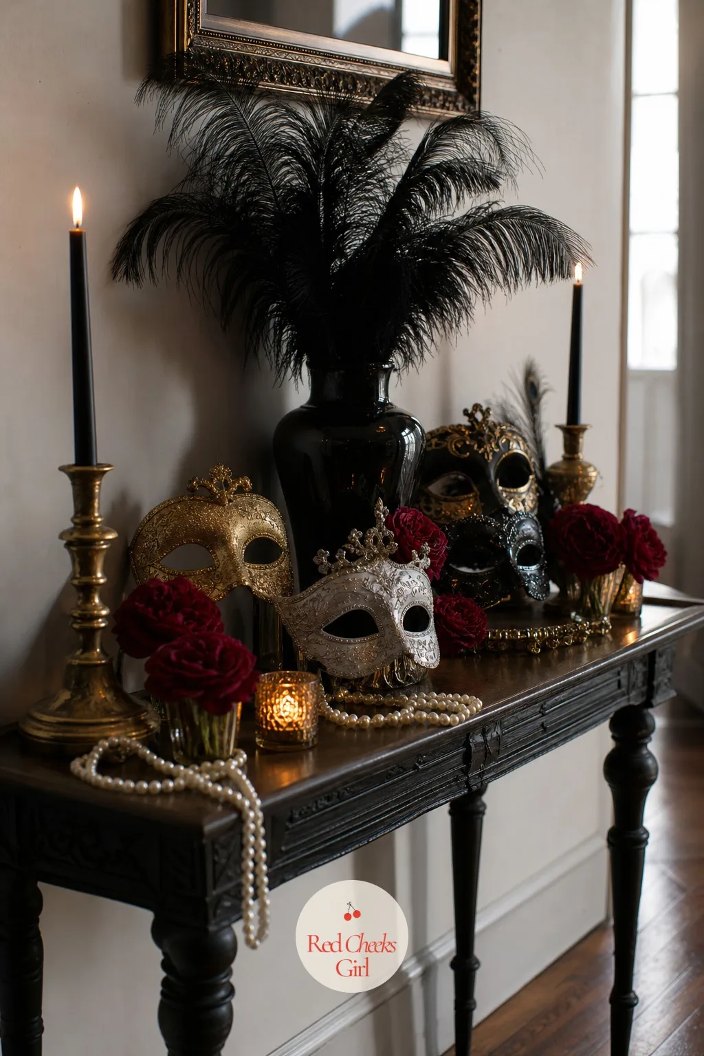 The Hallway Console Dressed With Masks and Feathers — The console in the hallway usually holds keys and post, which is not the first impression you want