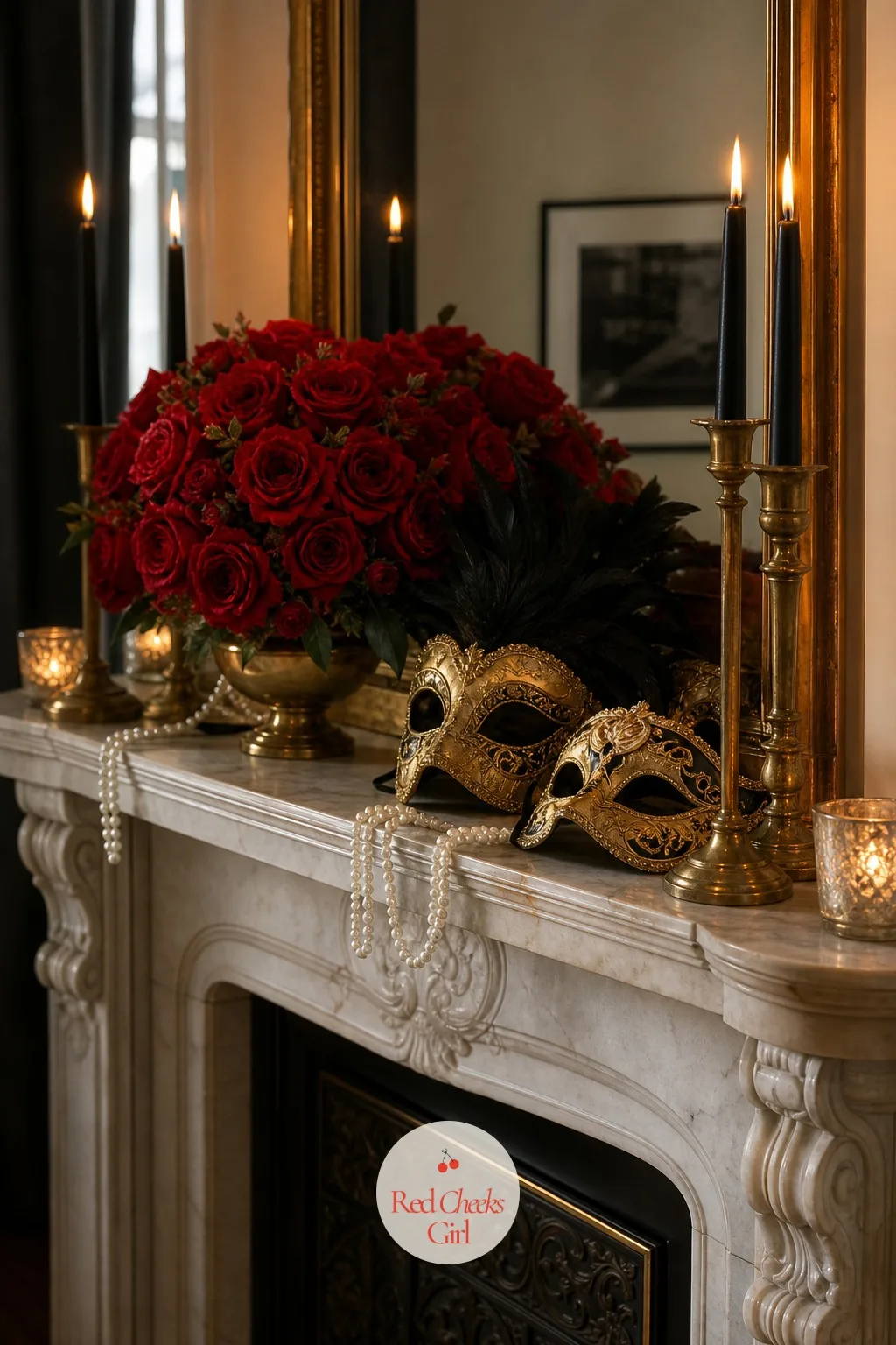 The Mantel Dressed in Roses and Resting Masks — A mantel left alone over New Year's looks like you forgot about it. Masquerade party decorations