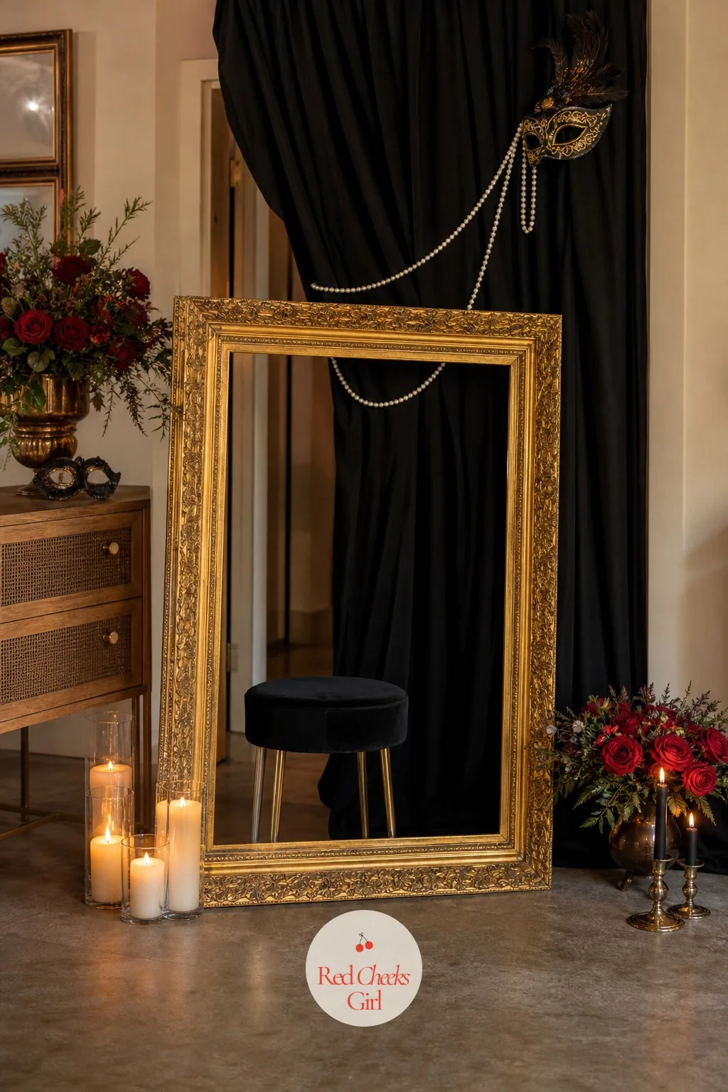 The Photo Corner With a Draped Curtain and Gold Frame — Guests will find a corner to pose in whether you plan one or not, so give them one worth the photo.